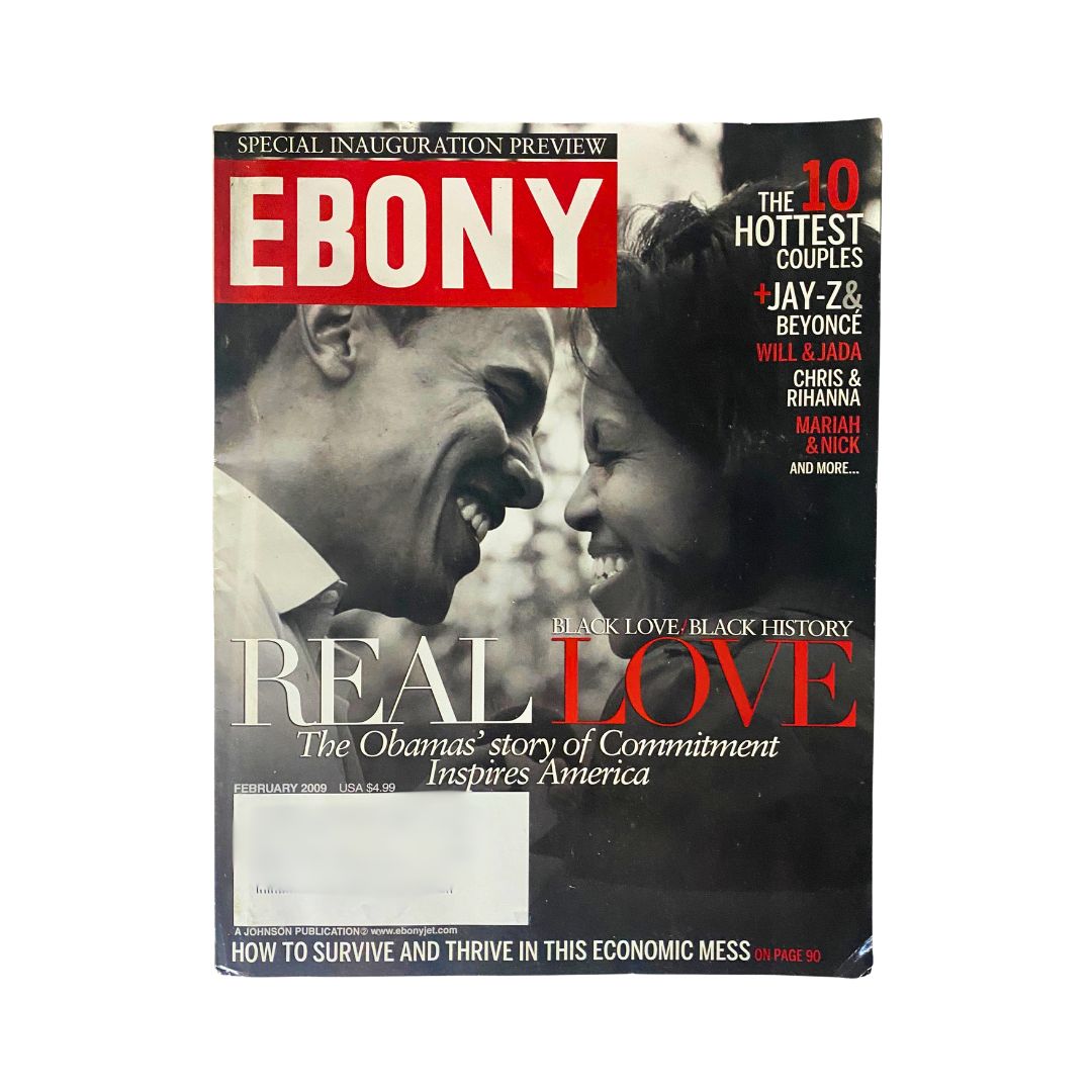 Ebony Magazine February 2009 Vol 62 No. 4 featuring Barack and Michelle Obama, highlighting real love and black history. This cover showcases a joyful moment between the Obamas.