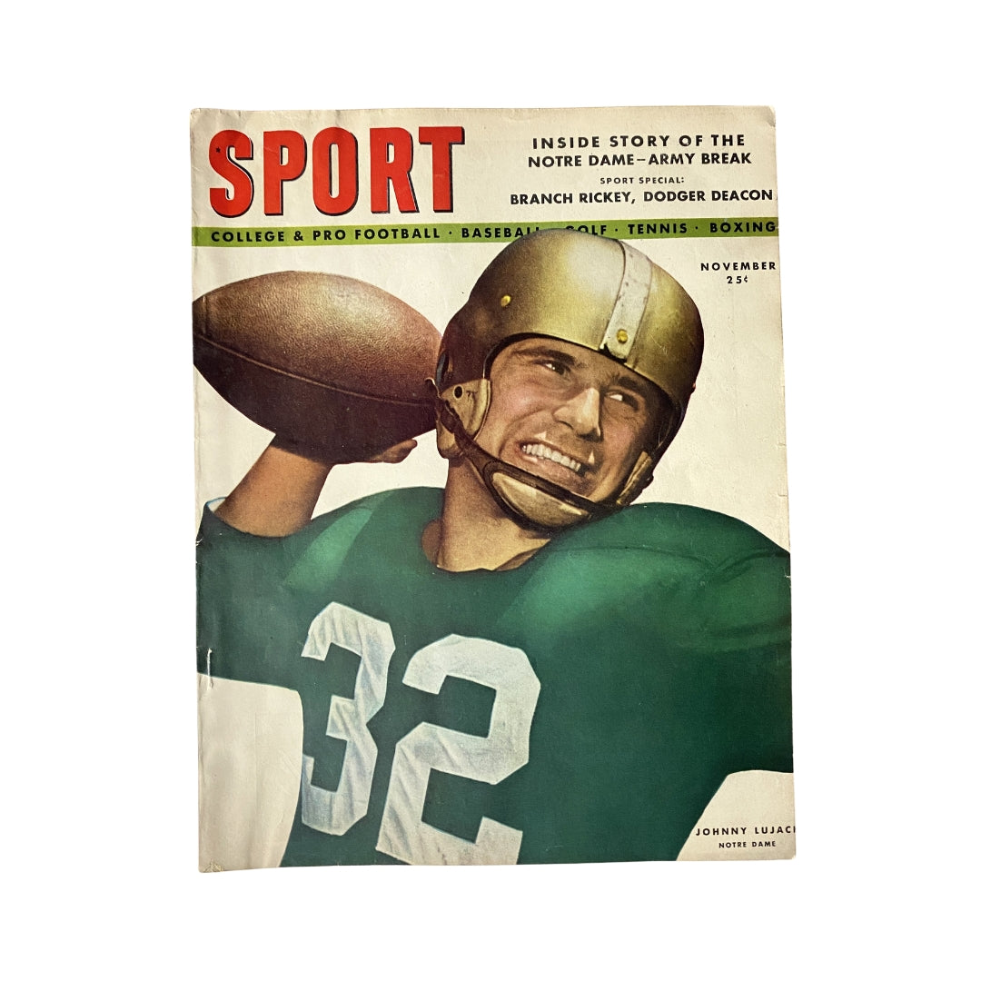 Sport Magazine November 1947 featuring Johnny Lujack on the cover, showcasing a vintage sports theme and iconic college football imagery.