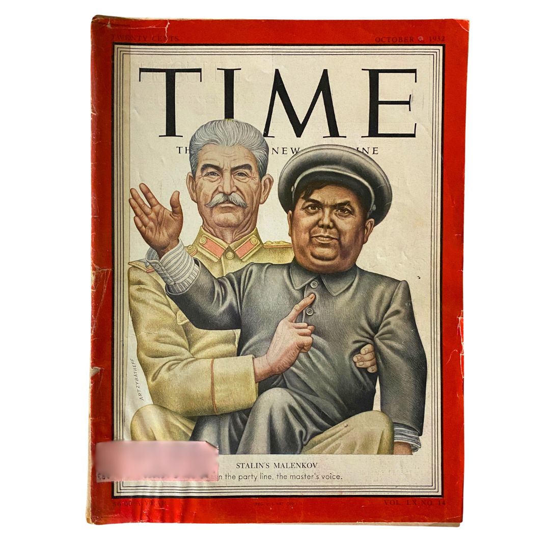 Cover of VTG Time Magazine from October 6, 1952, Vol 60 No. 14 featuring Joseph Stalin and Georgy Malenkov, depicting historical figures significant to the Cold War era.