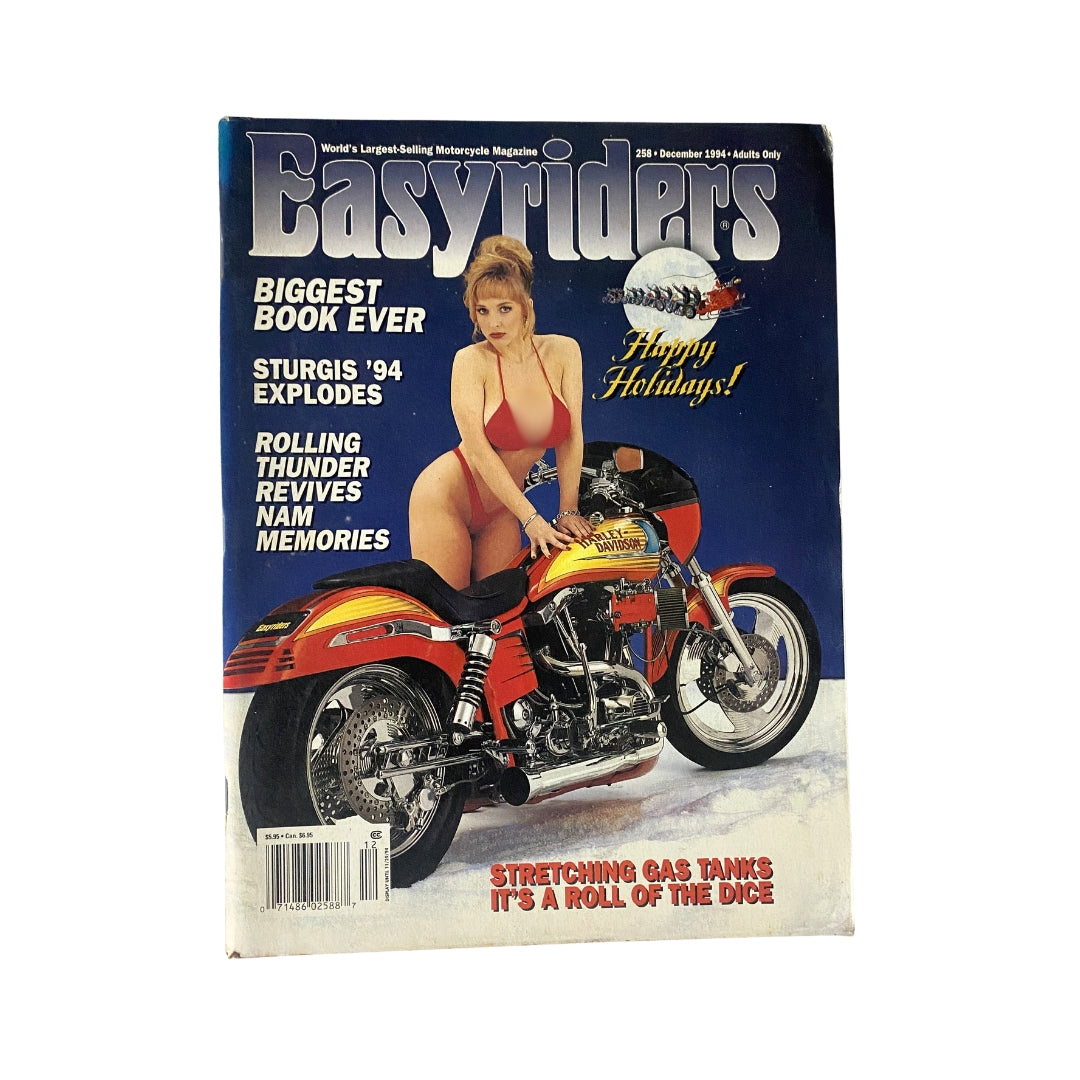 Easyriders Magazine December 1994 cover featuring a motorcycle and a model in a bikini. The headline highlights 'Biggest Book Ever' and celebrates holiday themes, showcasing motorcycle culture.