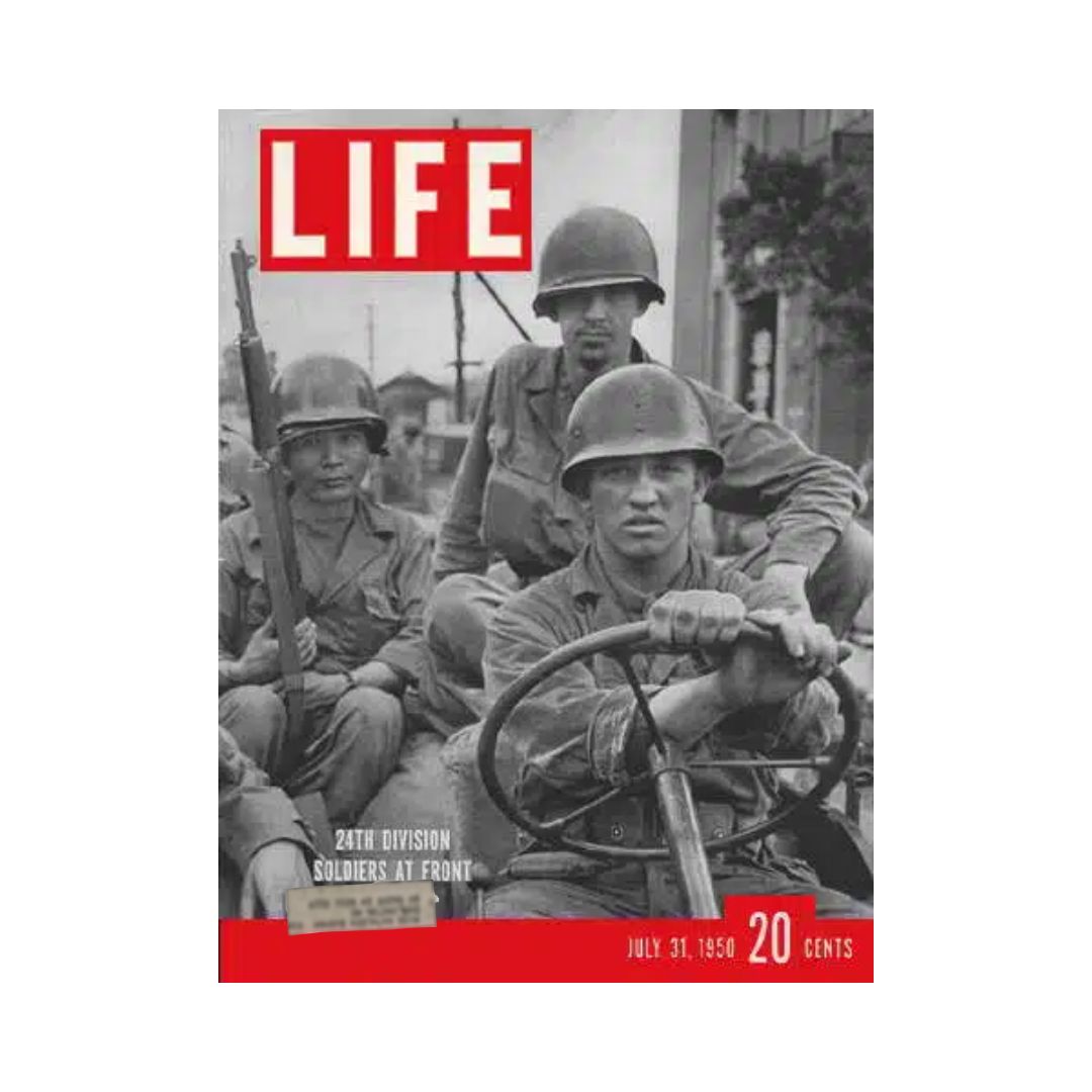 Cover of VTG Life Magazine from July 31, 1950 featuring the US Army Infantry, 24th Division, showcasing soldiers at the front. This vintage magazine highlights significant military history.