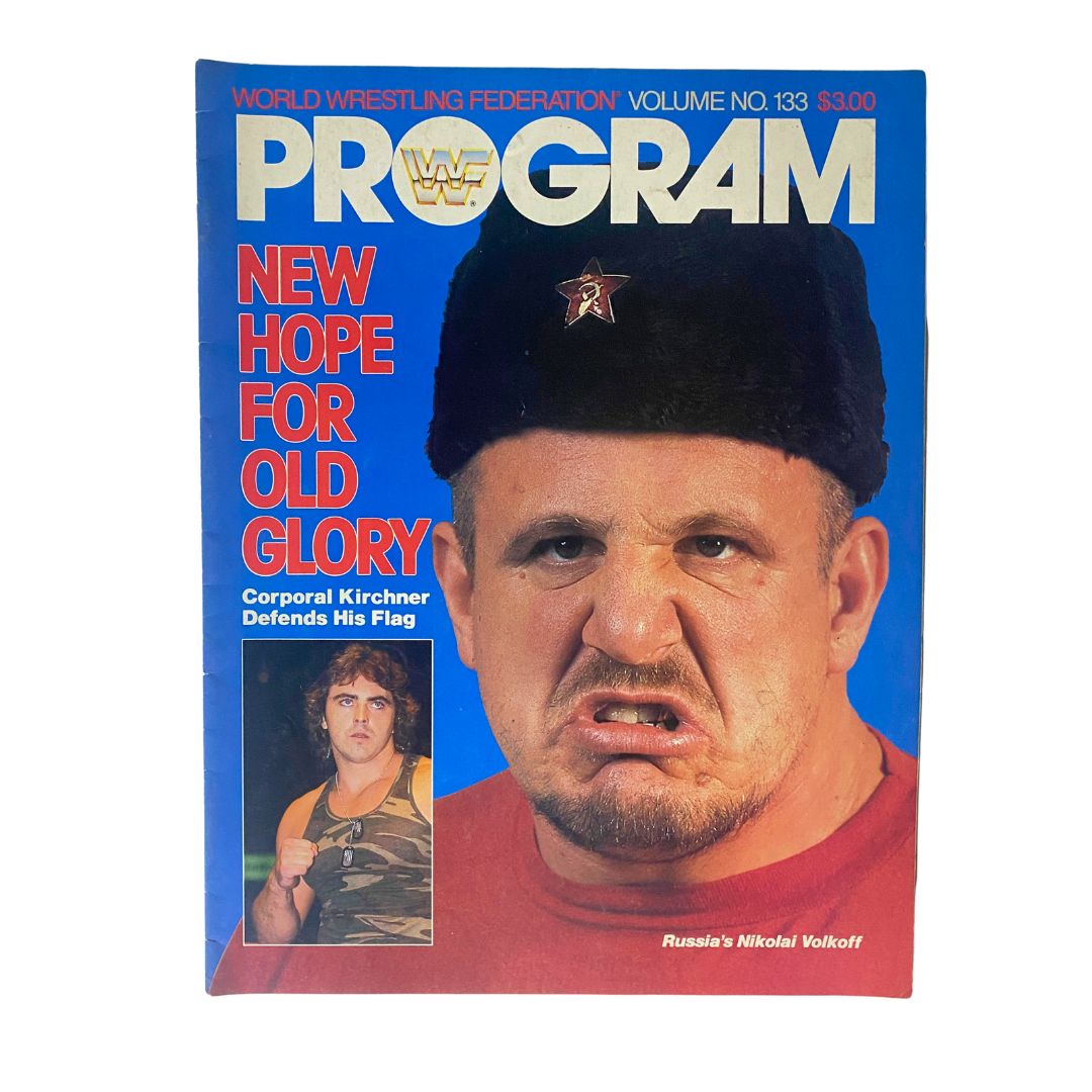 1986 WWF Program featuring Nikolai Volkoff and Corporal Kirchner on the cover, showcasing iconic wrestlers from the era.