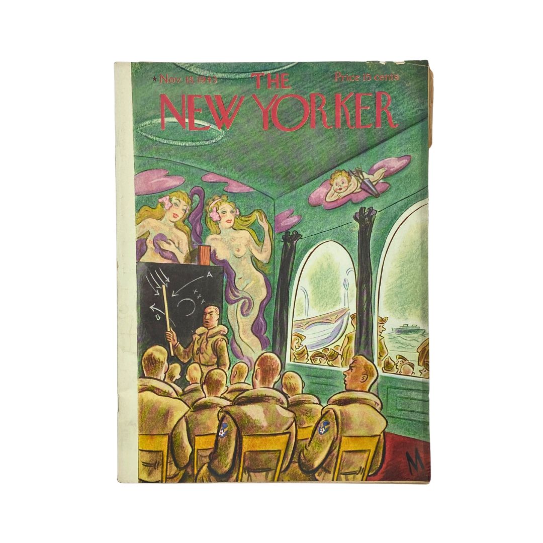 Cover of The New Yorker, November 13, 1943, featuring artwork by Julian de Miskey, depicting a classroom scene with soldiers.
