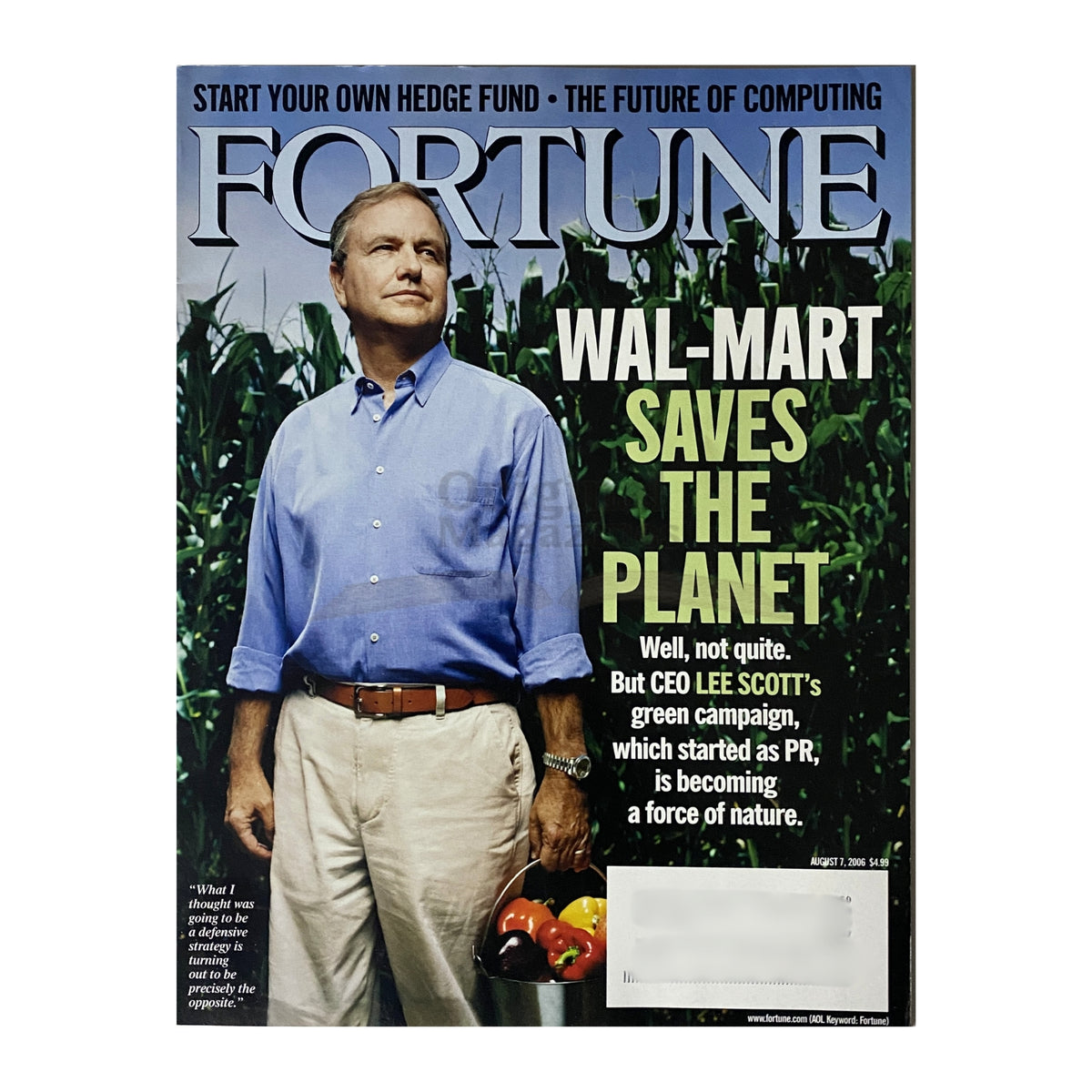 Fortune Magazine cover from August 7, 2006 featuring CEO Lee Scott discussing Wal-Mart's environmental initiatives, titled 'Wal-Mart Saves The Planet'.
