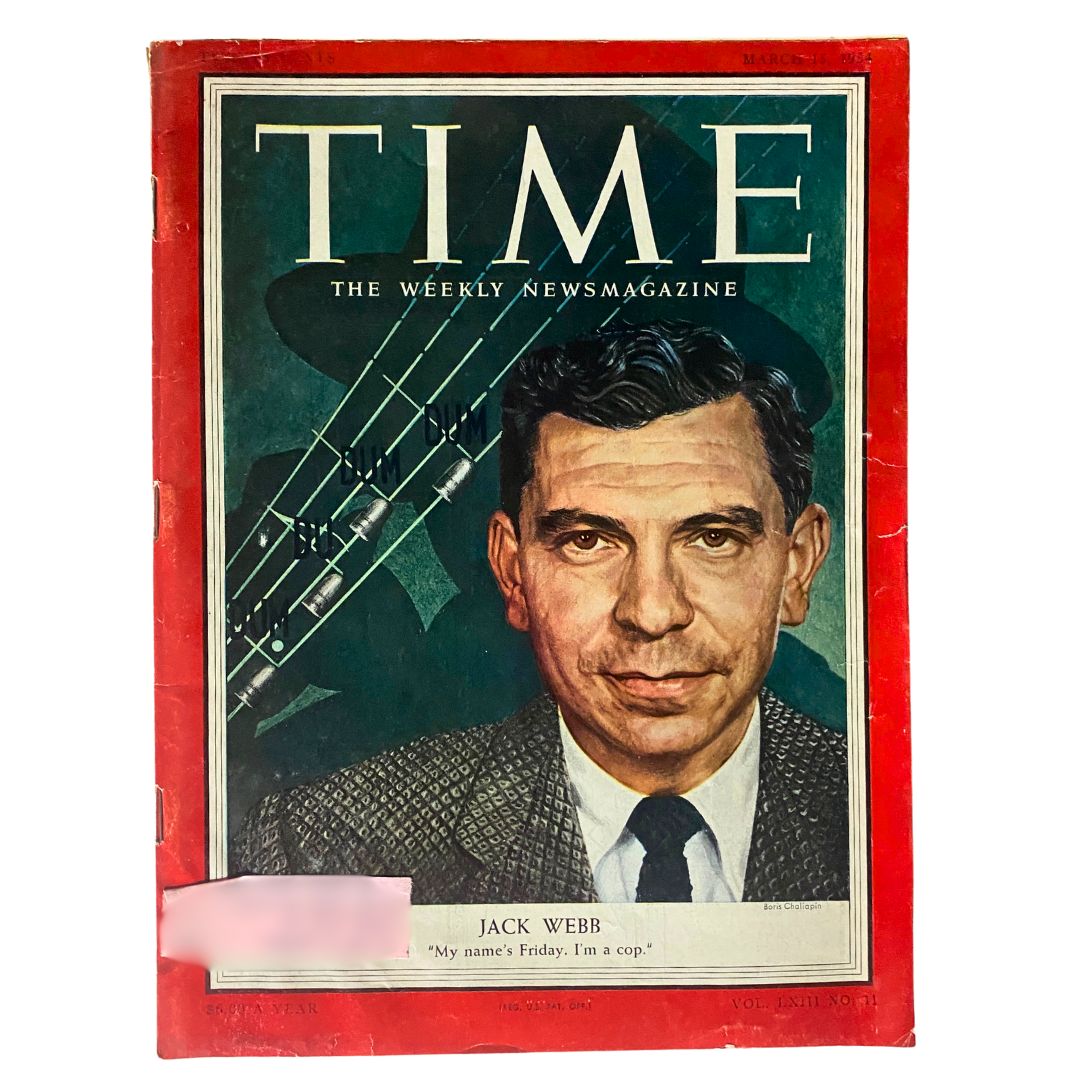 VTG Time Magazine March 15, 1954 featuring Jack Webb on the cover, showcasing a classic design with expressive colors and a portrait of the iconic actor known for his role in 'Dragnet'.
