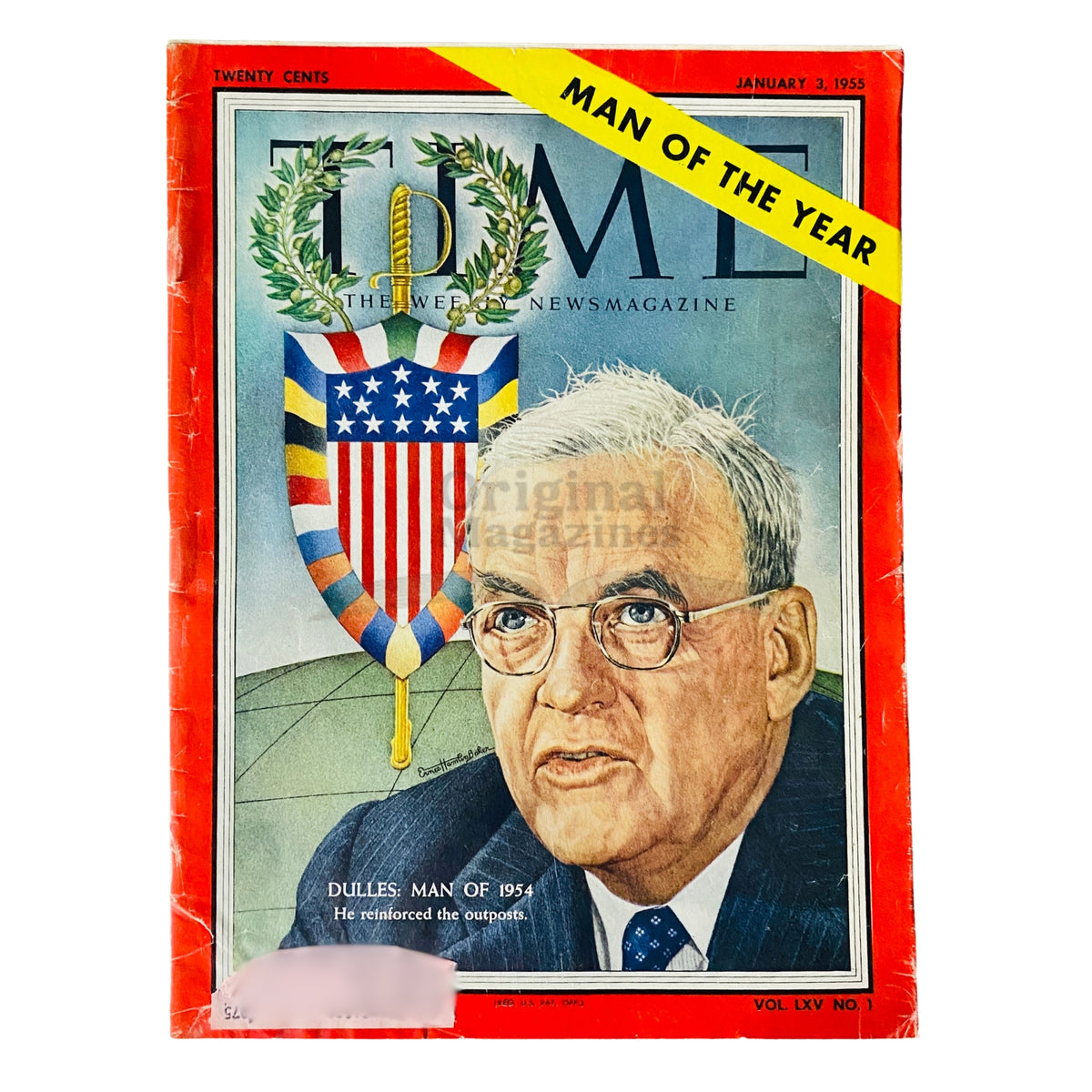 Time Magazine cover from January 3, 1955, featuring John Foster Dulles as 'Man of the Year' with an American flag emblem in the background. This vintage magazine showcases significant political commentary from the 1950s.