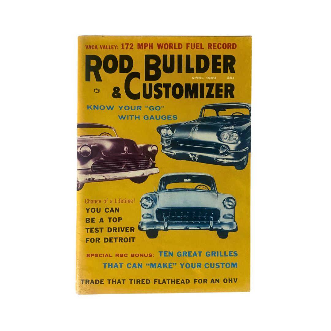 Cover of VTG Rod Builder & Customizer Magazine, April 1959, featuring vintage cars and the headline 'Know Your Go With Gauges', showcasing the Vaca Valley special feature.