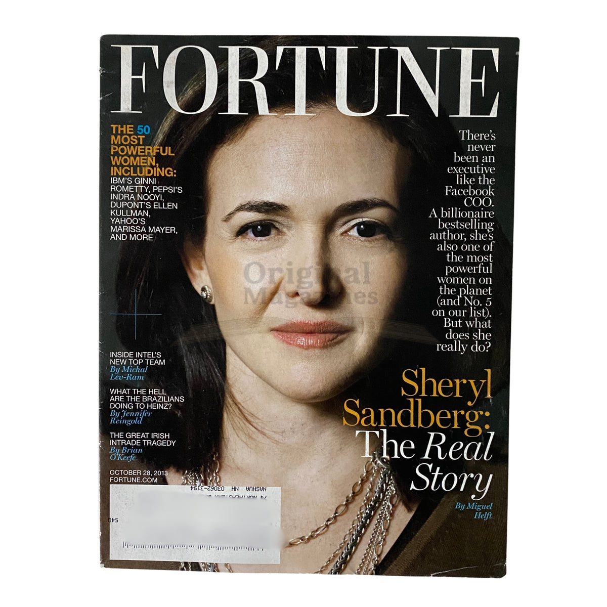 Fortune Magazine cover from October 28, 2013, featuring Sheryl Sandberg, the Chief Operating Officer of Facebook. The cover highlights her leadership and insights with the tagline 'Sheryl Sandberg: The Real Story'.