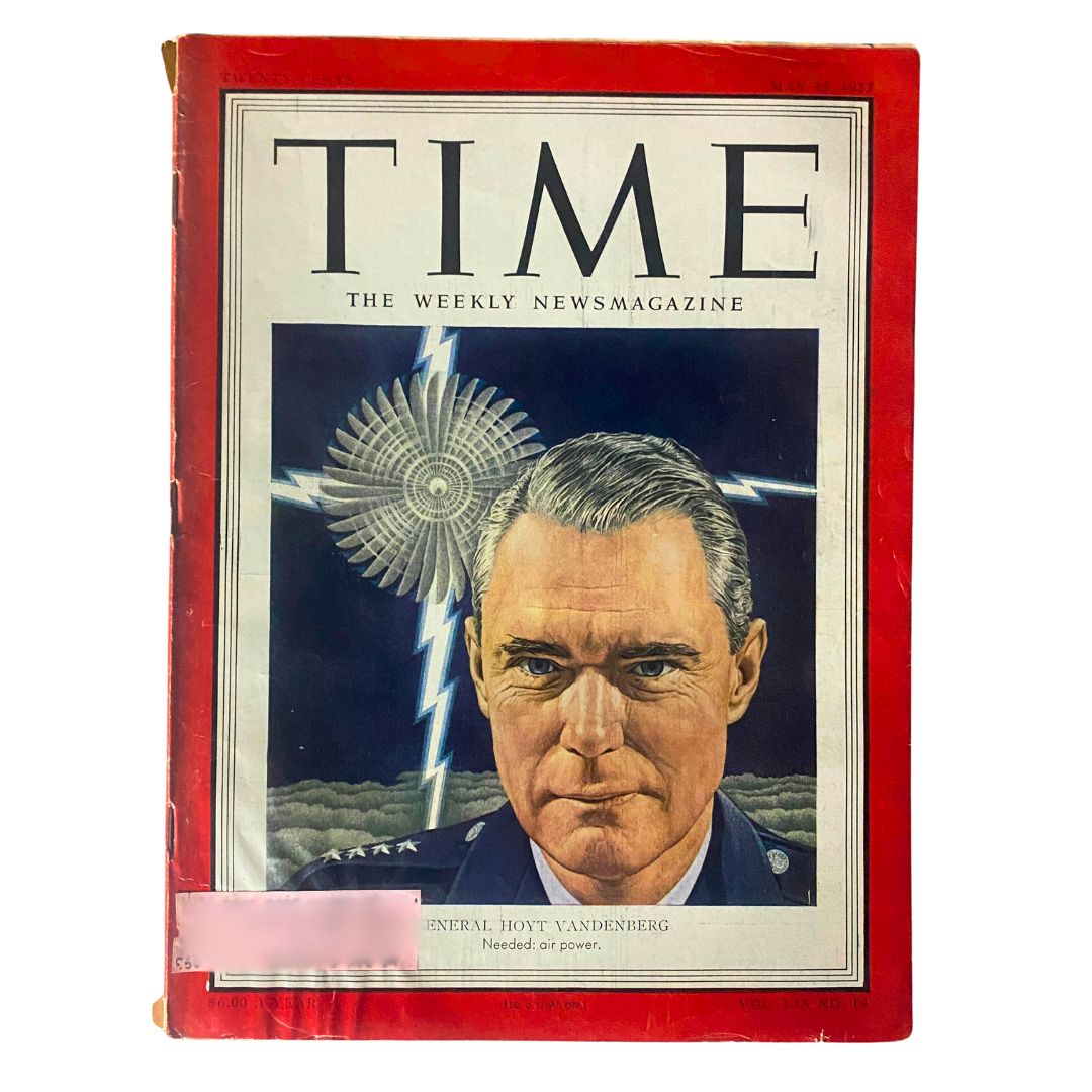 Vintage Time Magazine cover from May 12, 1952, featuring General Hoyt Vandenberg, highlighting military aviation and historical significance.