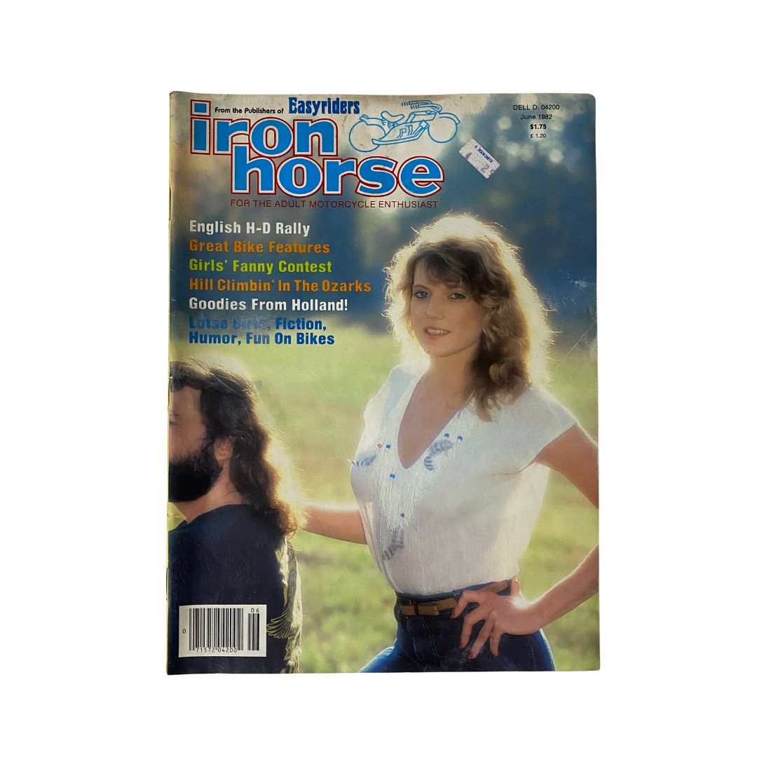 Cover of VTG Iron Horse Magazine June 1982 featuring the theme 'Hill Climbin' in the Ozarks', showcasing motorcycle culture with vibrant imagery and a nostalgic vibe.