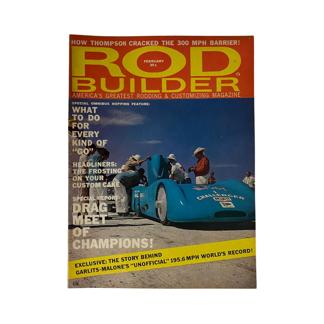 Cover of VTG Rod Builder Magazine February 1960 featuring the Drag Meet of Champions, highlighting a racing car and event details.