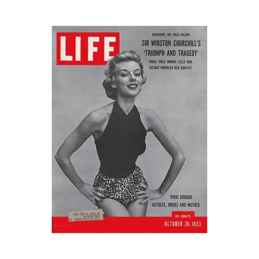 VTG Life Magazine October 26, 1953 cover featuring Vikki Dougan, showcasing her as a model in a stylish halter top and leopard print shorts, reflecting early 1950s American fashion.