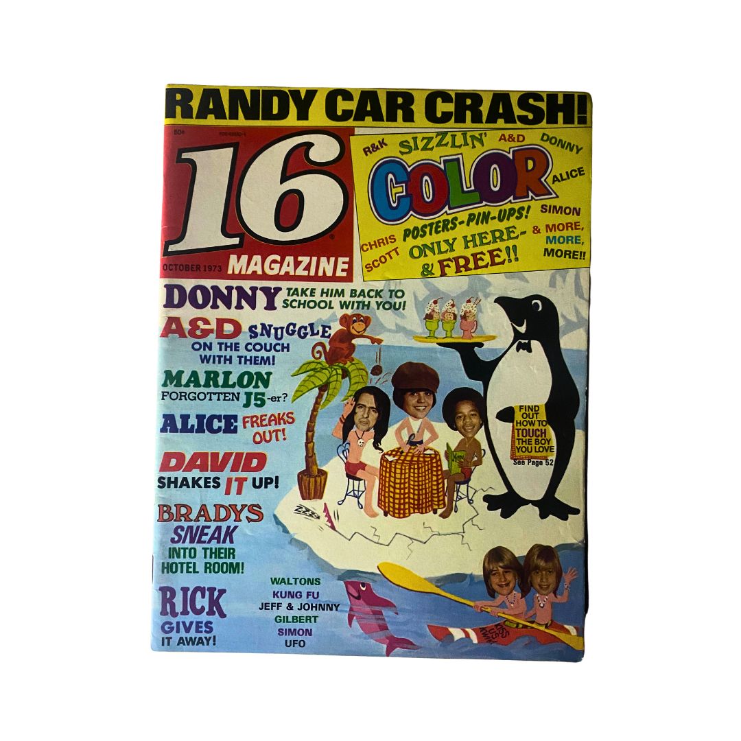 Cover of VTG 16 Magazine from October 1973 featuring celebrity highlights and colorful graphics, showcasing notable personalities such as Alice Cooper and David Cassidy.