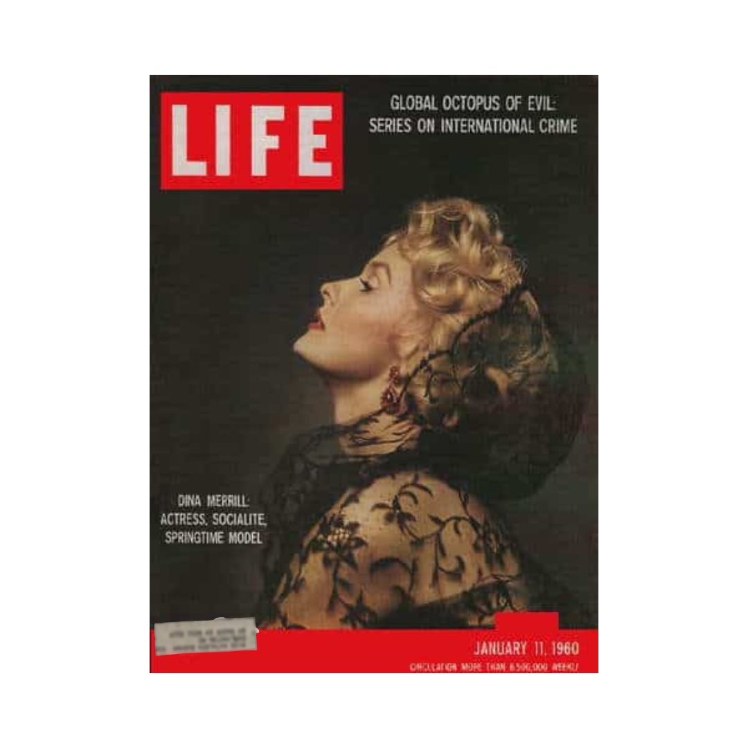 VTG Life Magazine January 11, 1960 cover featuring actress Dina Merrill in an elegant black lace dress, showcasing the fashion of the early 1960s.