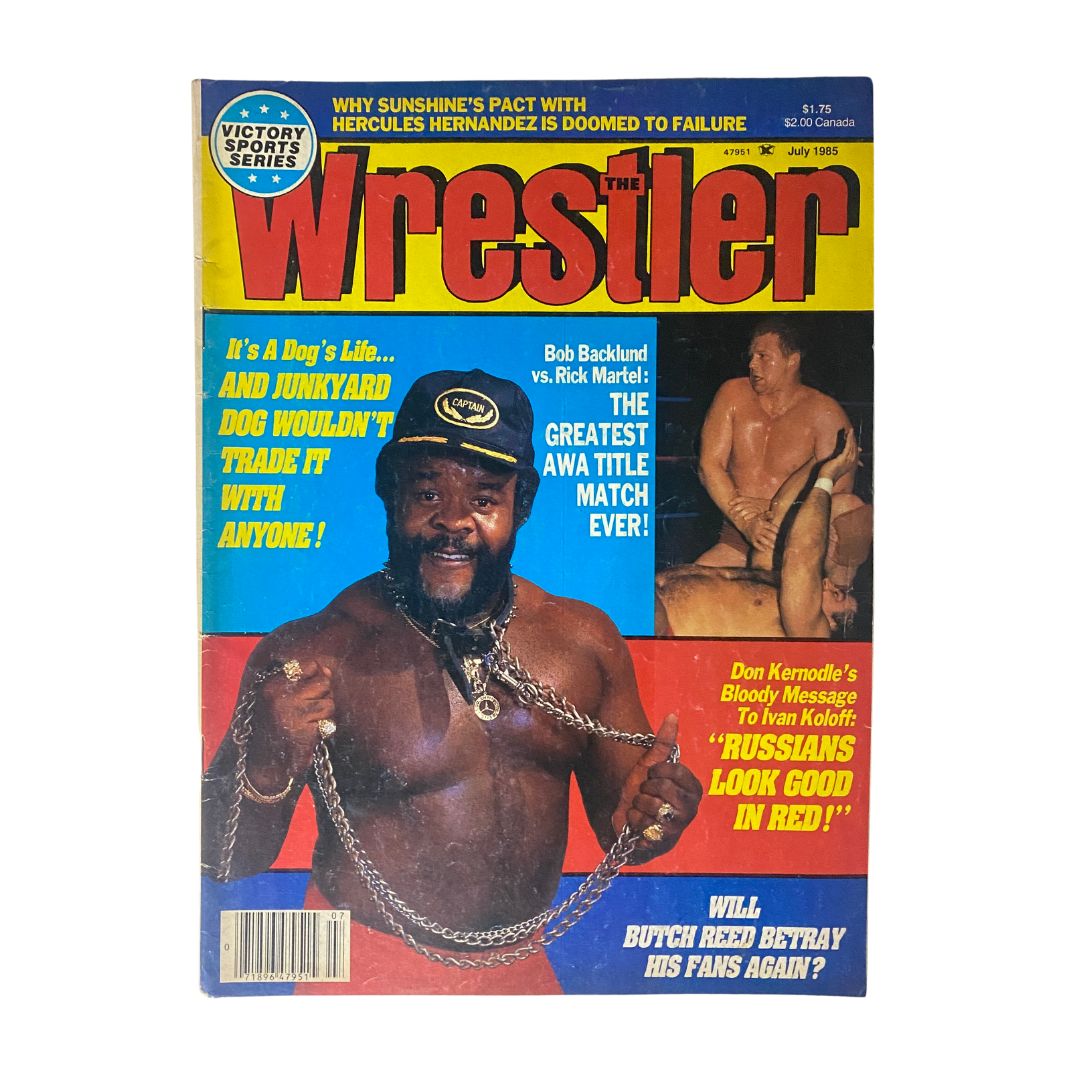 VTG The Wrestler Magazine July 1985 featuring Junkyard Dog on the cover, showcasing wrestling history and culture, with captivating articles and iconic imagery from the 1980s wrestling scene.