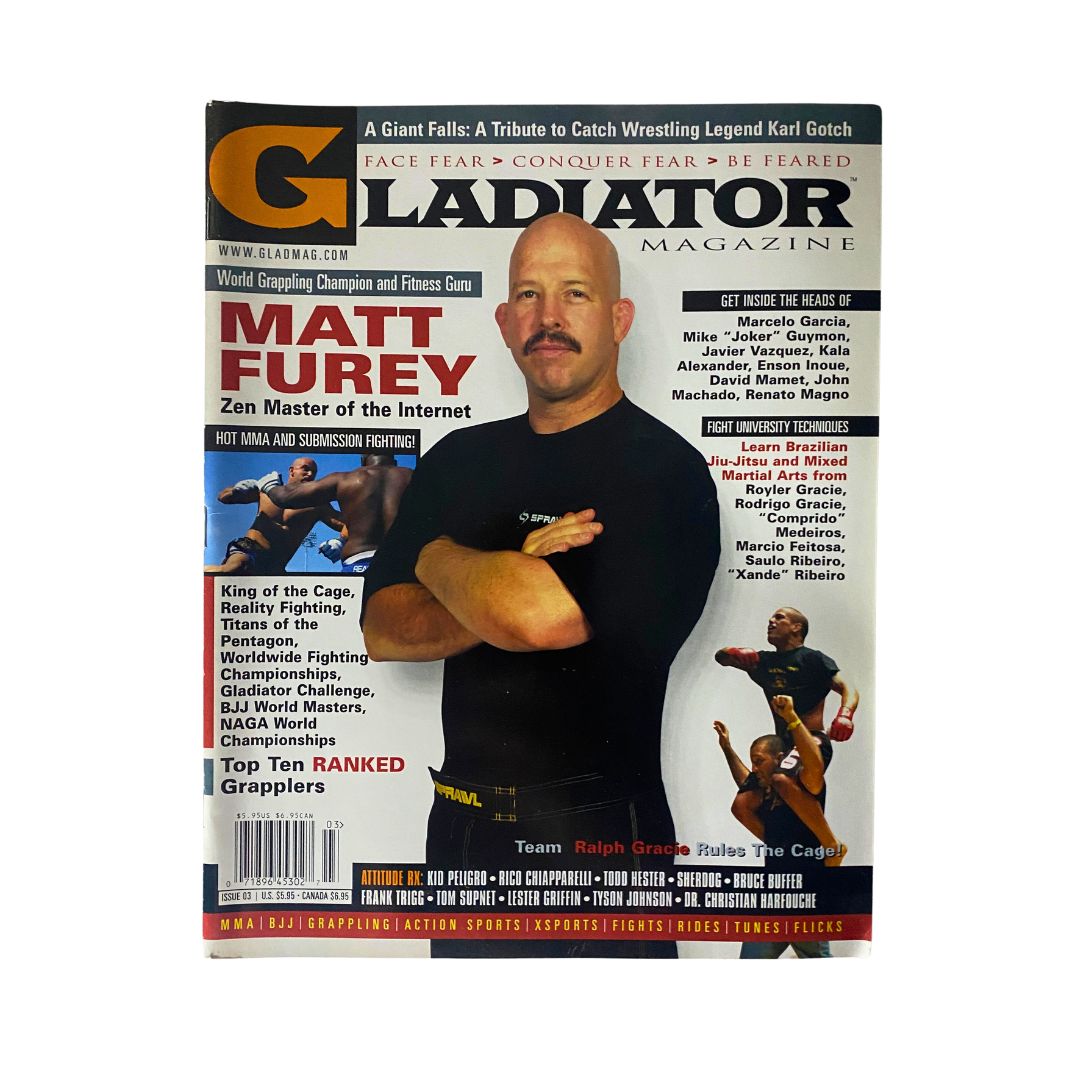 Gladiator Magazine Issue No. 3 featuring Matt Furey on the cover, showcasing martial arts culture and techniques. This vintage magazine captures the essence of grappling and martial arts with a focus on notable figures like Furey and Ralph Gracie.