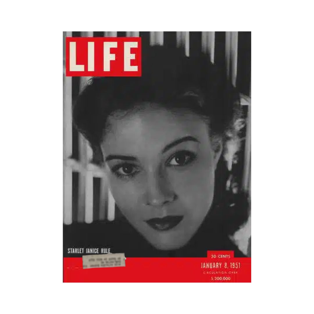 Vintage Life Magazine cover from January 8, 1951, featuring Janice Rule, an actress and psychotherapist, showcasing her portrait with bold red highlights and the magazine title prominently displayed.