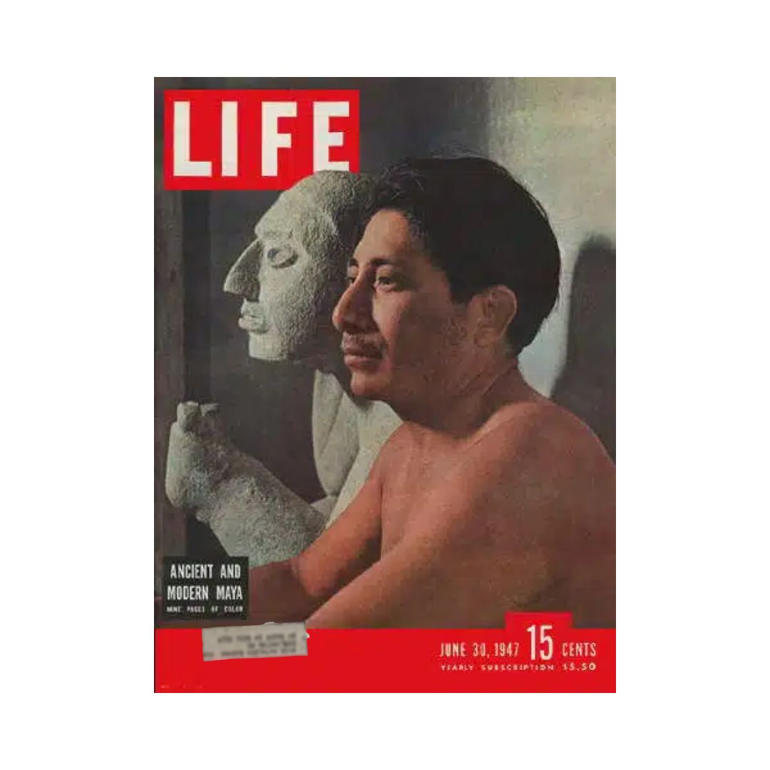 Vintage Life Magazine Cover from June 30, 1947 featuring the theme 'Ancient and Modern Maya', showcasing a man next to a stone sculpture.