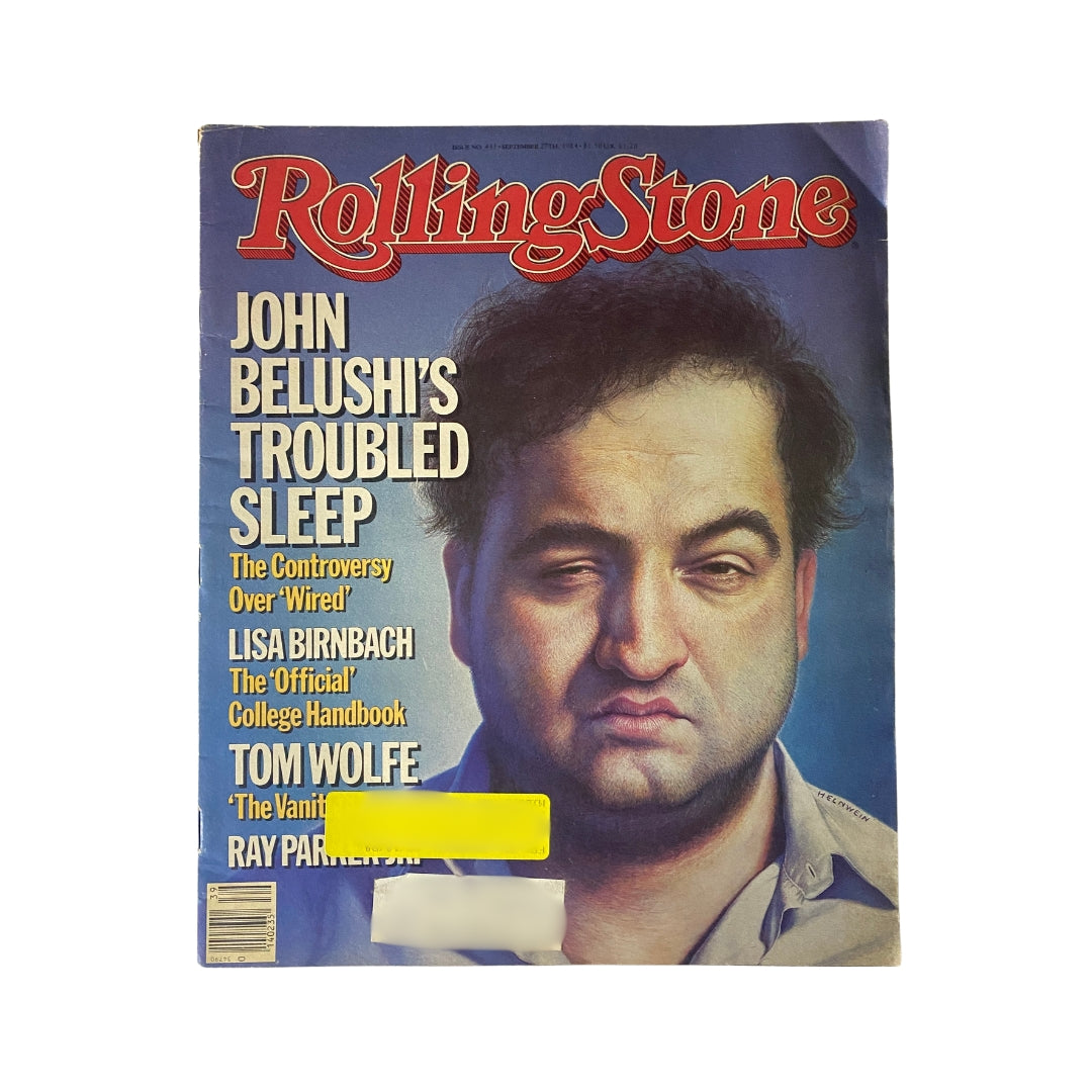 Vintage Rolling Stone Magazine cover featuring John Belushi, September 27, 1984, Issue 431, showcasing the legendary comedian's impactful presence in 1980s pop culture.