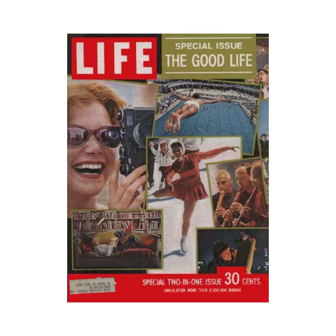 Vintage Life Magazine cover from December 28, 1959, featuring the special issue titled 'The Good Life,' showcasing vibrant images of leisure activities and cultural icons of the 1950s.