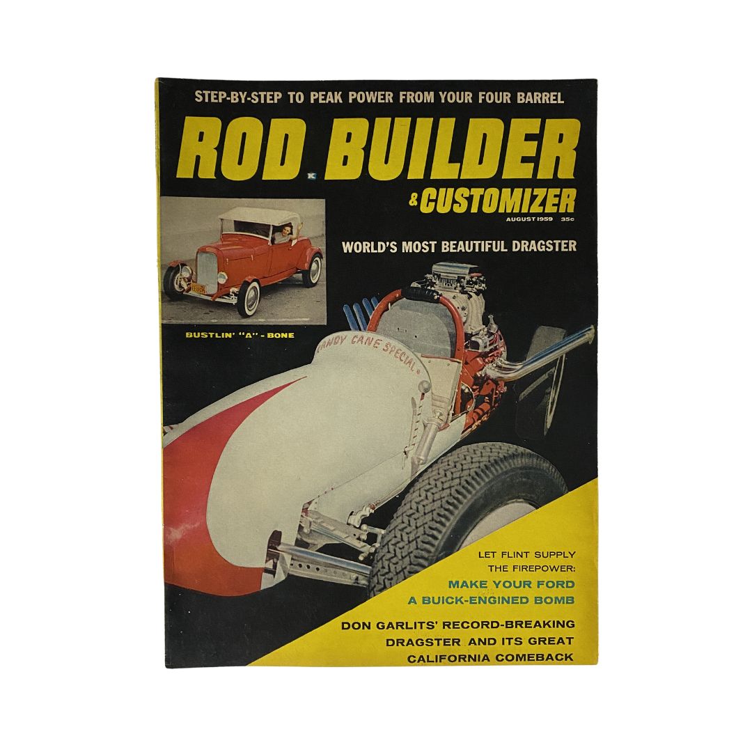 Cover of Rod Builder & Customizer Magazine August 1959 featuring a vibrant design and a classic dragster titled 'Bustlin A Bone' with an advertisement for peak performance.