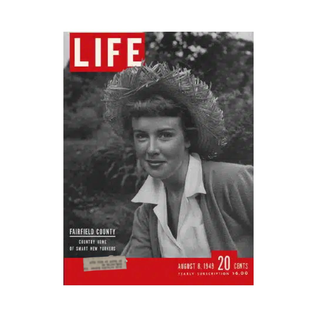 VTG Life Magazine cover from August 8, 1949 featuring a woman in a straw hat, highlighting Fairfield County as the country home of smart New Yorkers, alongside the artistic influence of Jackson Pollock.