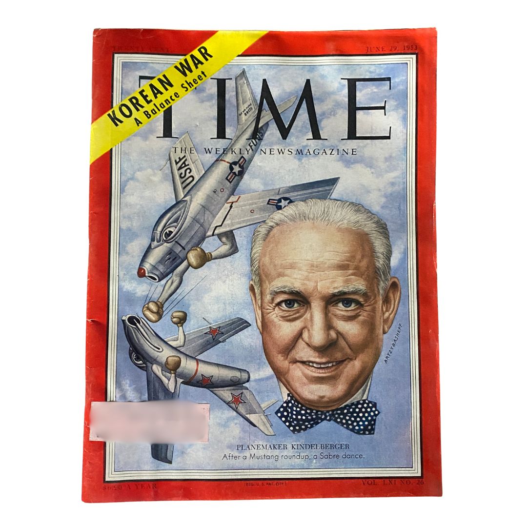 VTG Time Magazine June 29, 1953, featuring planemaker James H. Kindelberger on the cover with illustrations of aircraft, highlighting the Korean War.