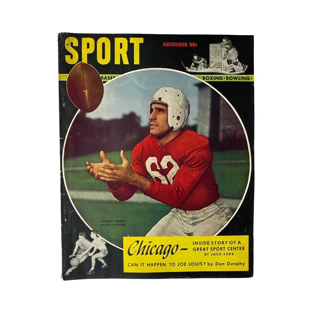 Cover of Sport Magazine December 1947 featuring Charley Trippi of the Chicago Cardinals, showcasing sports themes and vibrant colors.