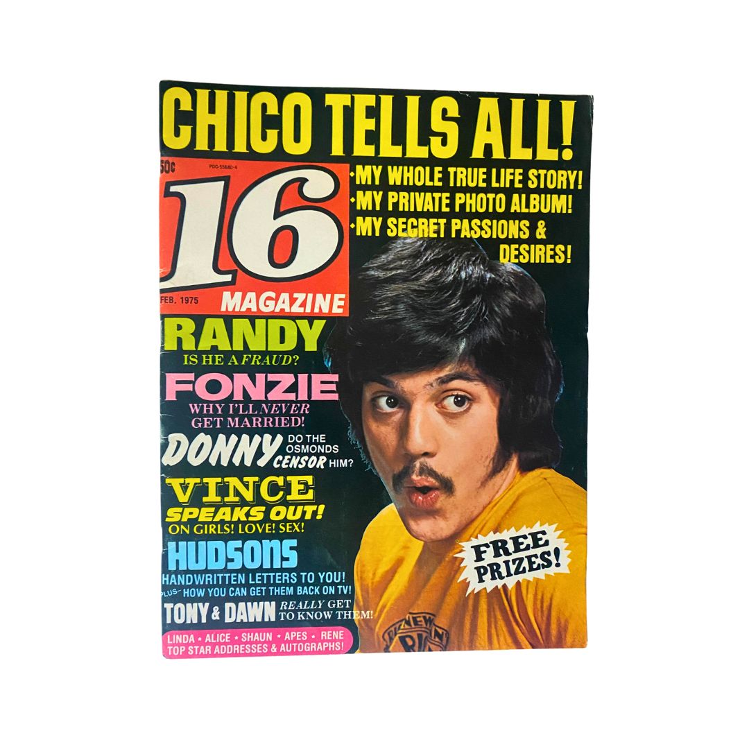 VTG 16 Magazine February 1975 featuring Donny & The Osmonds on the cover, showcasing vintage pop culture with vibrant colors and headlines.