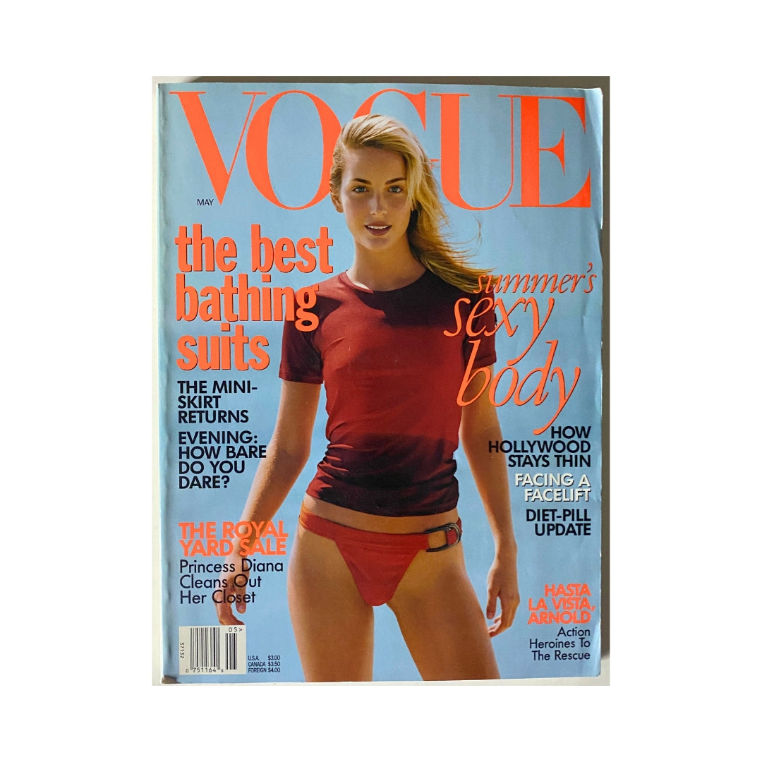 Vogue Magazine May 1997 featuring Georgina Grenville on the cover, showcasing the best bathing suits and summer fashion trends of the 90s. Vintage collectible magazine highlighting the cultural and fashion context of its time.