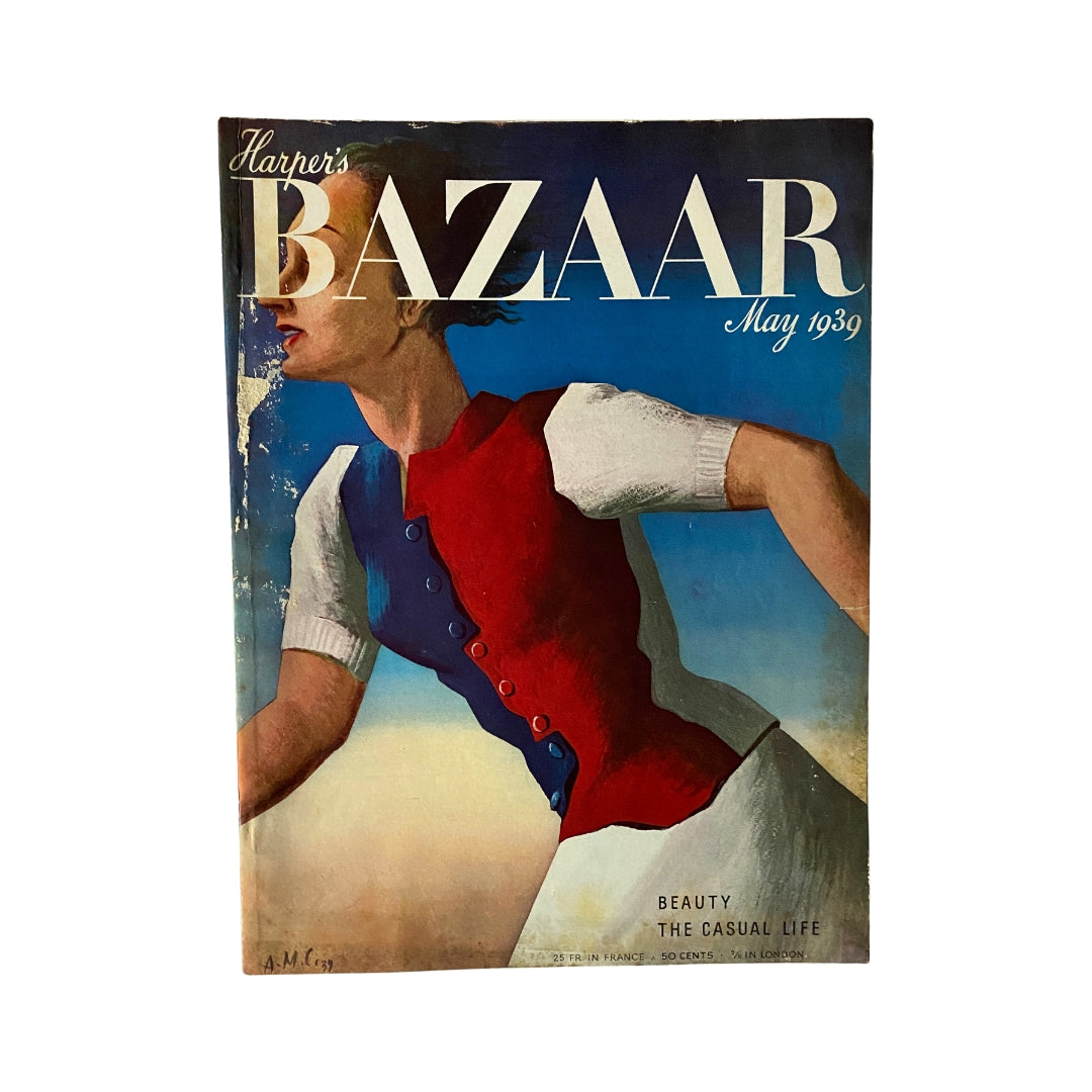 Cover of Harper's Bazaar Magazine May 1939 featuring an artistic illustration of a woman in a red and blue dress, symbolizing vintage fashion and design.