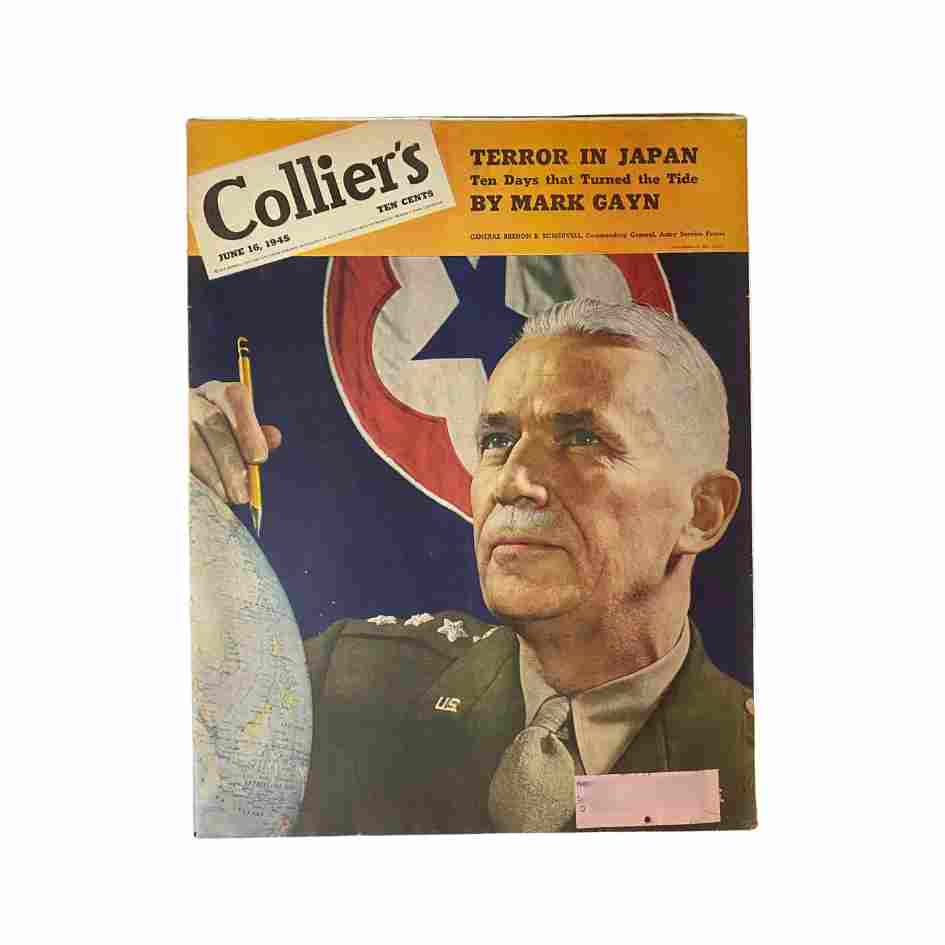 Cover of Collier's Magazine dated June 16, 1945, featuring the article 'Terror in Japan' by Mark Gayn, with an image of a military officer holding a globe, reflecting on post-World War II Japan.