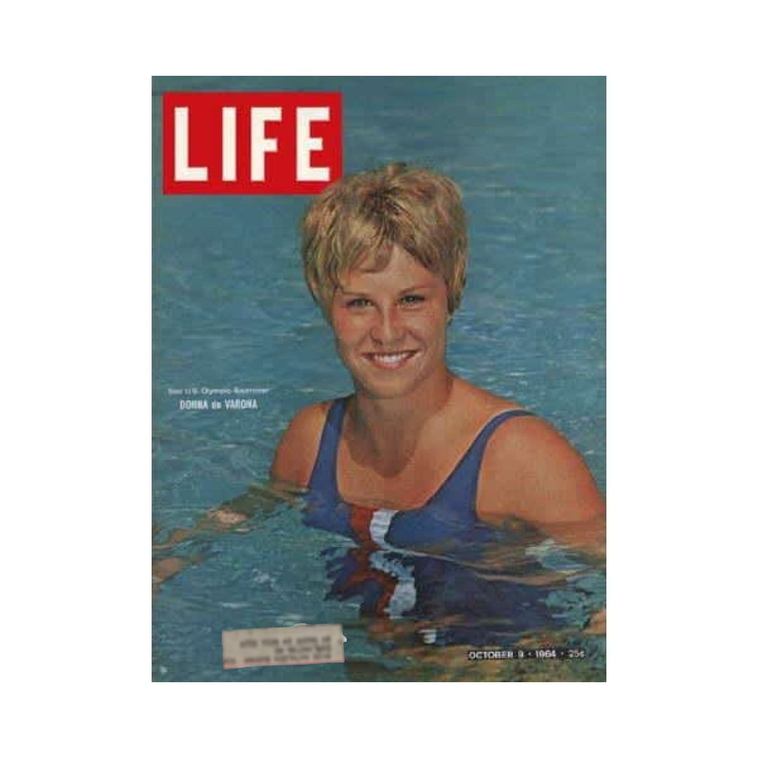 VTG Life Magazine October 9, 1964 featuring Olympic swimmer Donna de Varona, showcasing her smile while in a swimming pool, reflecting the spirit of the 1960s.