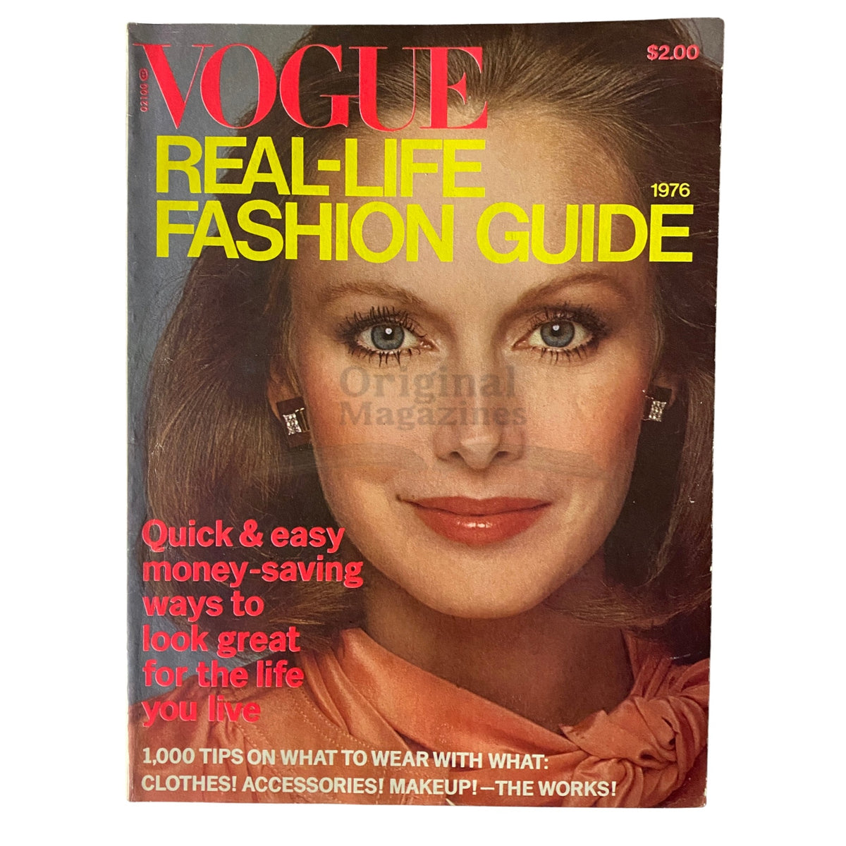 Cover of the Vogue Fashion Guide Magazine 1976 featuring model Karen Graham, showcasing fashion tips with bright graphics highlighting easy money-saving ways to look great.
