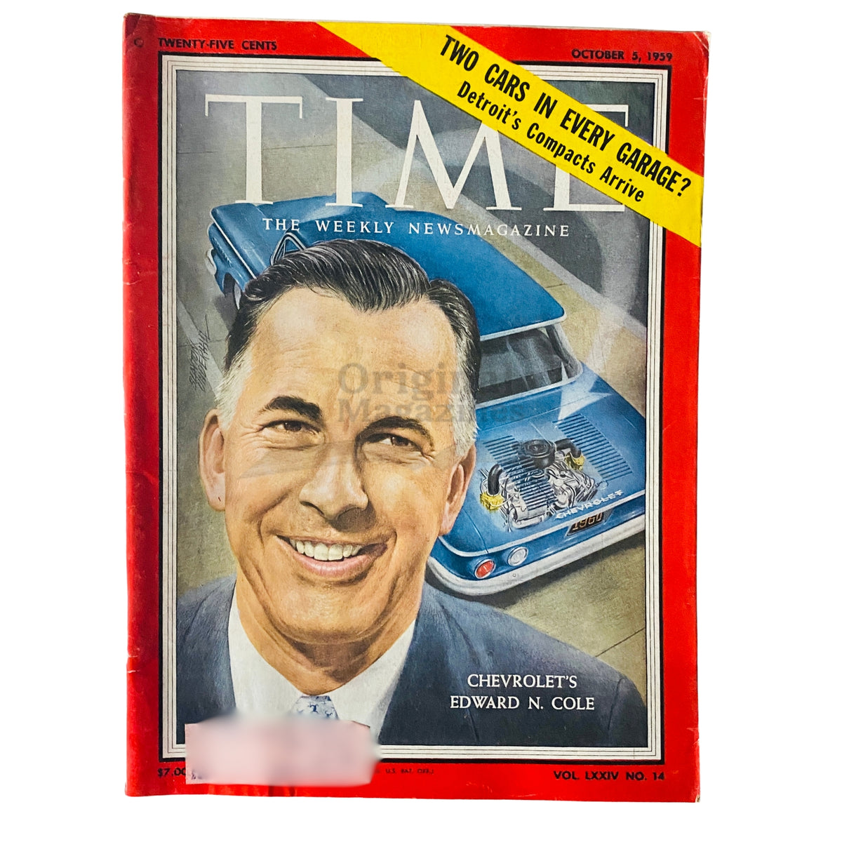Cover of Time Magazine, October 5, 1959, Volume 74 No. 14 featuring Chevrolet's Edward N. Cole, showcasing a vintage automotive theme.