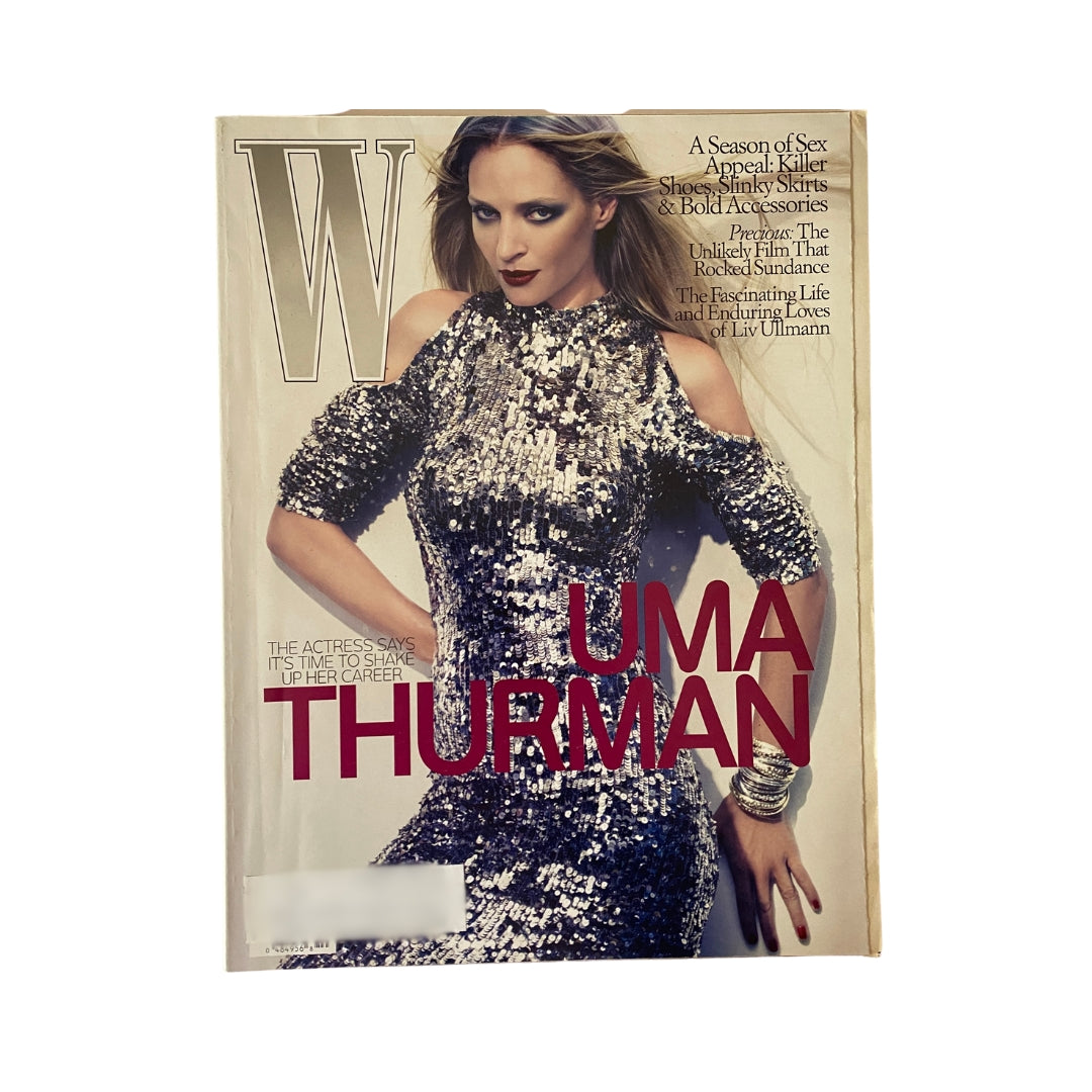 W Magazine October 2009 cover featuring actress Uma Thurman in a glamorous sequined dress, showcasing contemporary fashion and celebrity culture.