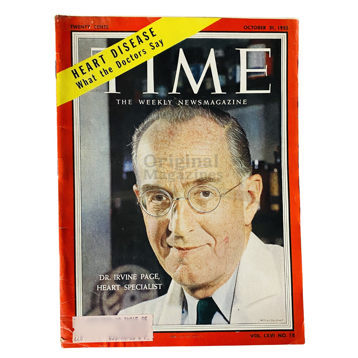 Cover of Time Magazine from October 31, 1955, Vol 66 No. 18 featuring Dr. Irvine Page, heart specialist, highlighting the topic of heart disease and medical advancements.