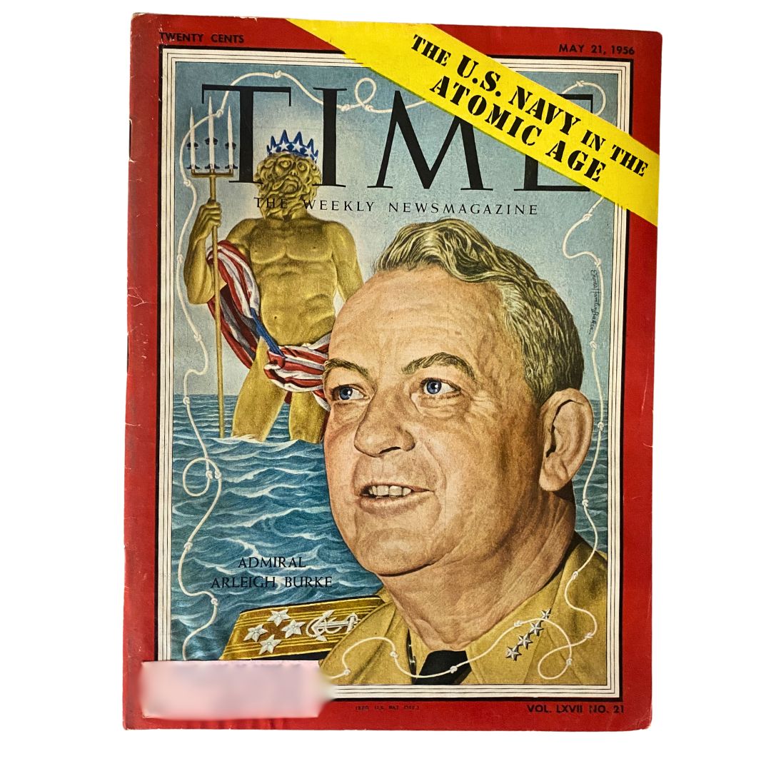 VTG Time Magazine May 21, 1956 featuring Admiral Arleigh Burke on the cover, showcasing a striking illustration and highlighting the theme 'The U.S. Navy in the Atomic Age'.