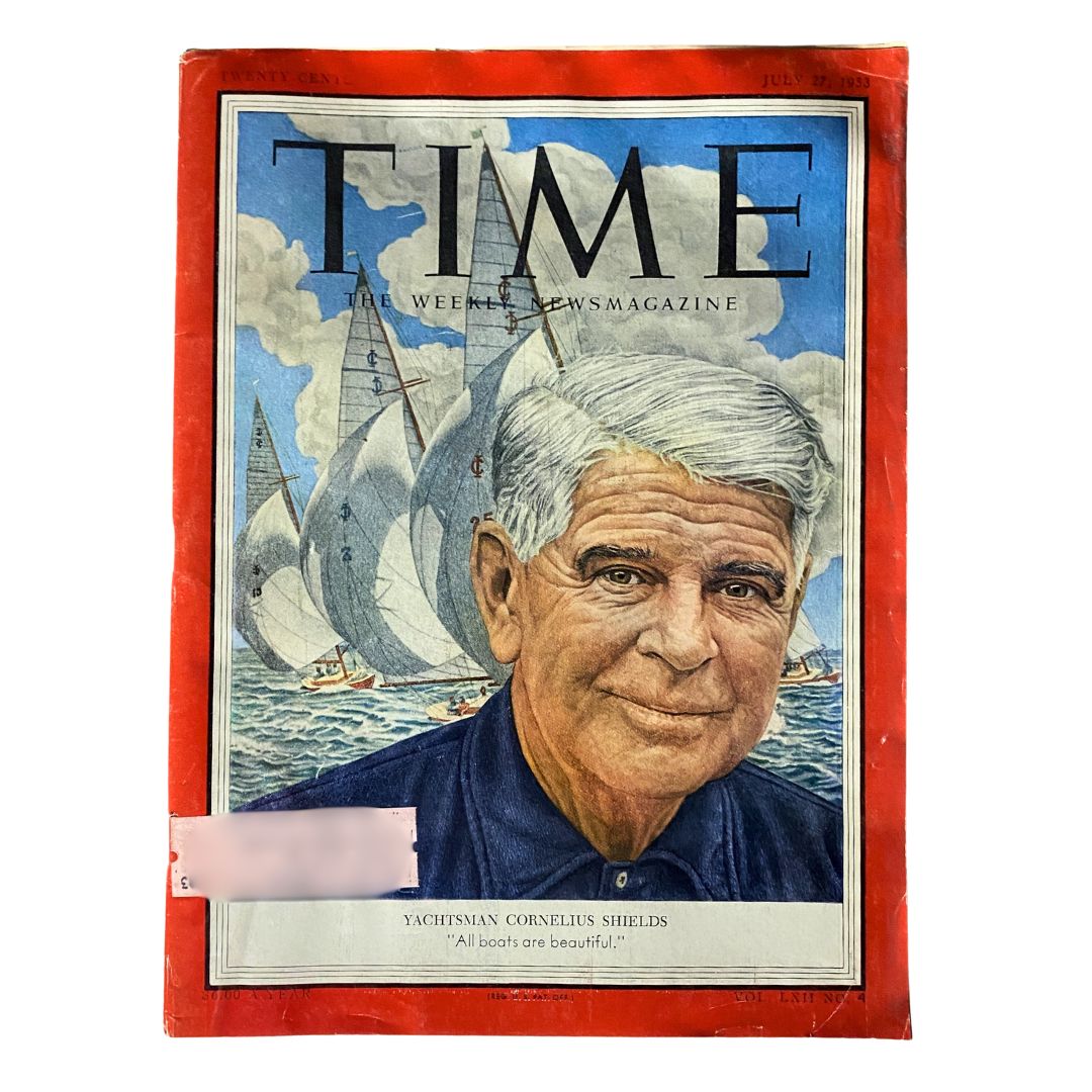 VTG Time Magazine July 27, 1953 featuring Yachtsman Cornelius Shields on the cover with sailing boats in the background.
