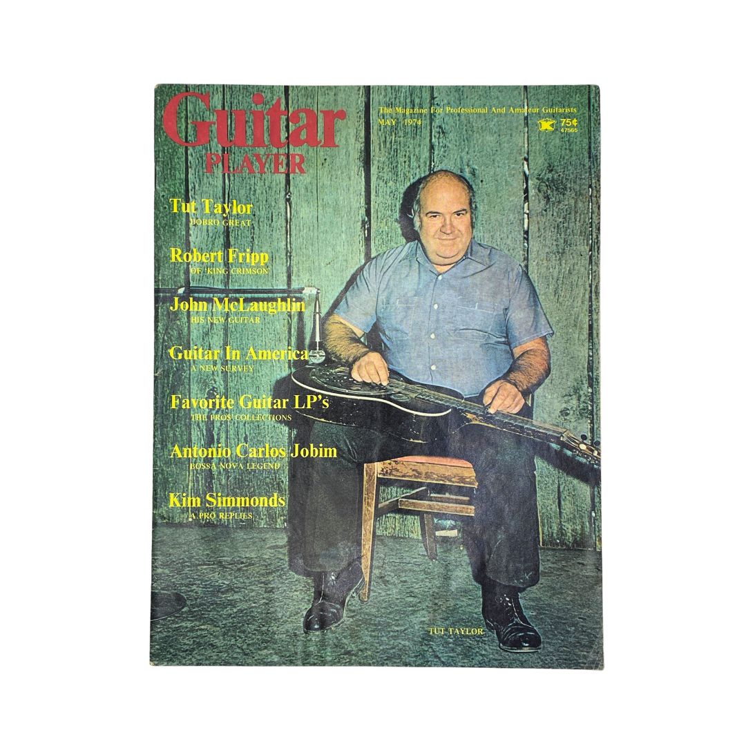 Cover of Guitar Player Magazine from May 1974, Volume 8 Number 5, featuring guitarist Tut Taylor, highlighting articles on Robert Fripp, John McLaughlin, and more.