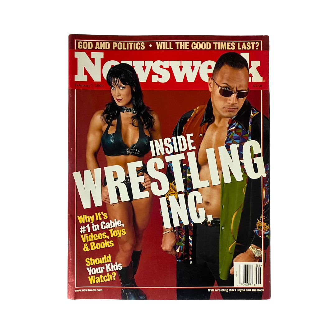 Cover of Newsweek Magazine February 7, 2000 featuring Chyna and The Rock, showcasing the headline 'Inside Wrestling Inc.' This collectible vintage magazine highlights iconic wrestling personalities from the early 2000s.