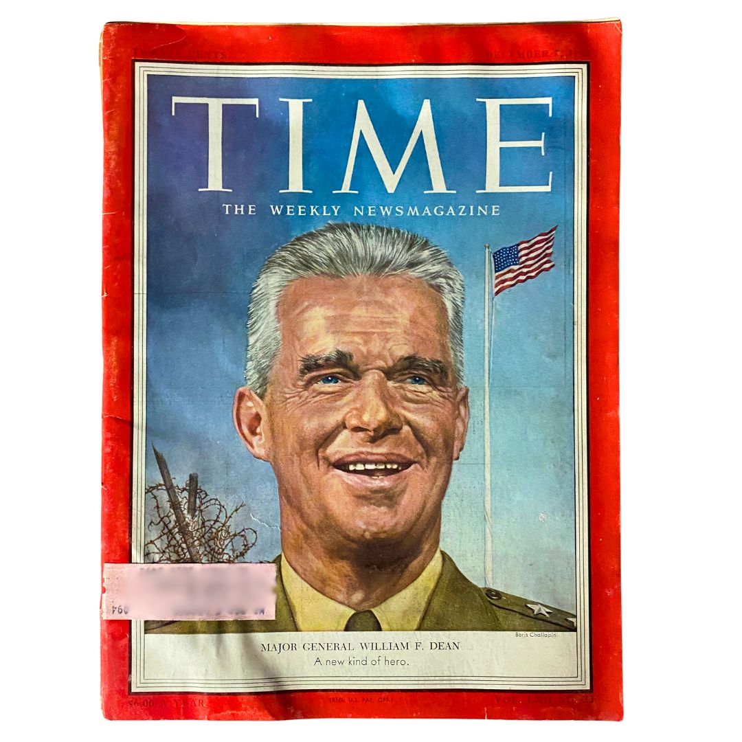 VTG Time Magazine December 7, 1953 featuring Major General William F. Dean on the cover, showcasing a smiling portrait against a blue background with flags, representing a significant piece of historical memorabilia.