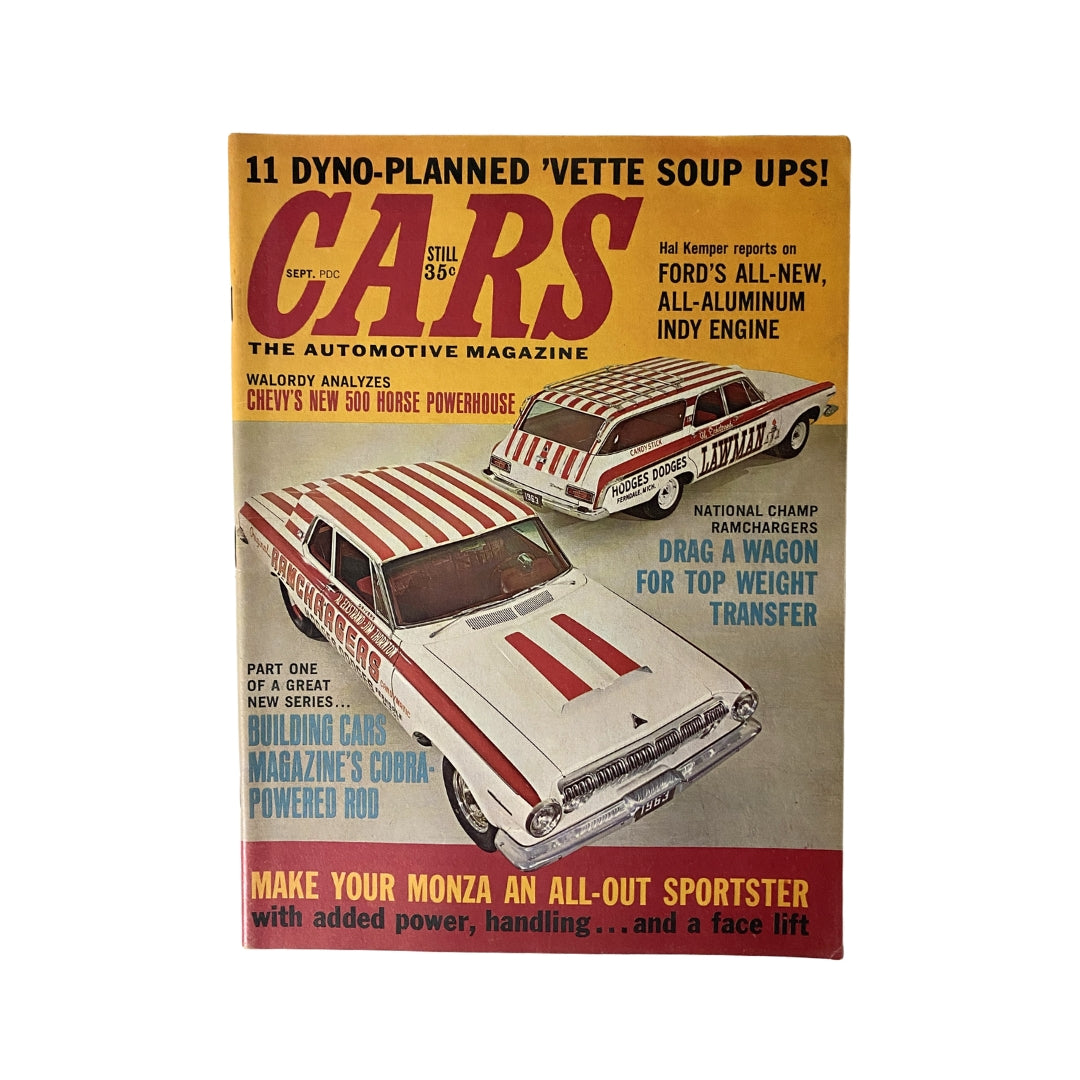 Vintage Cars Magazine cover from September 1963 featuring the title 'Make Your Monza All-Out Sportster' with images of two striped cars and various article highlights.