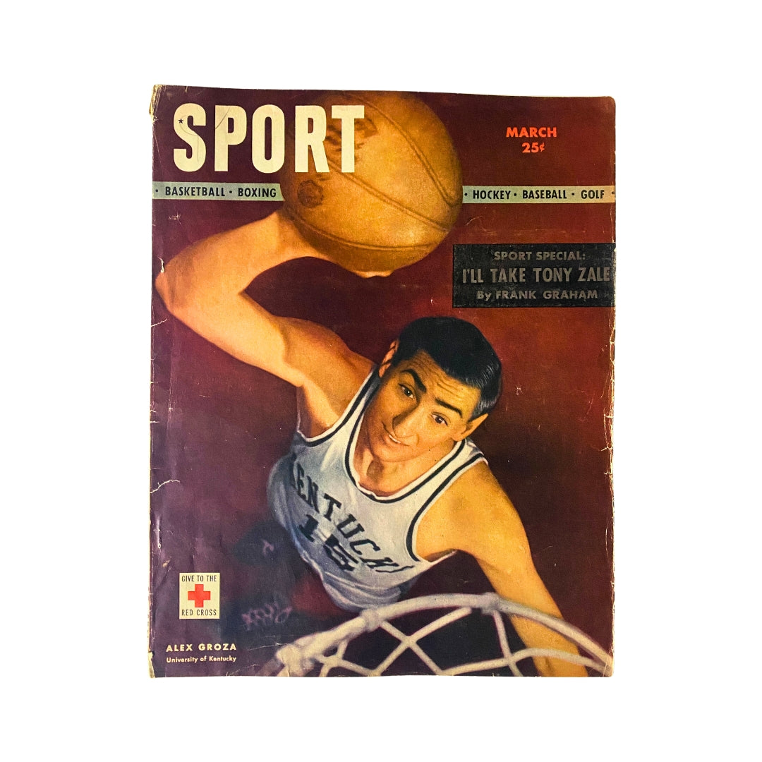 Sport Magazine March 1947 featuring Alex Groza from the University of Kentucky on the cover, showcasing basketball themes and vintage sports design.
