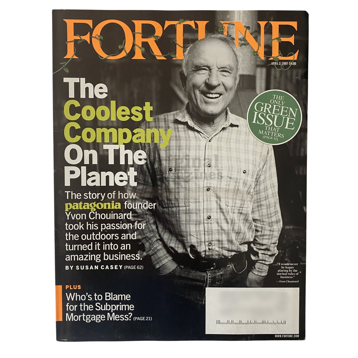Fortune Magazine April 2, 2007 cover featuring Patagonia founder Yvon Chouinard, showcasing the theme 'The Coolest Company On The Planet' with a focus on sustainability.