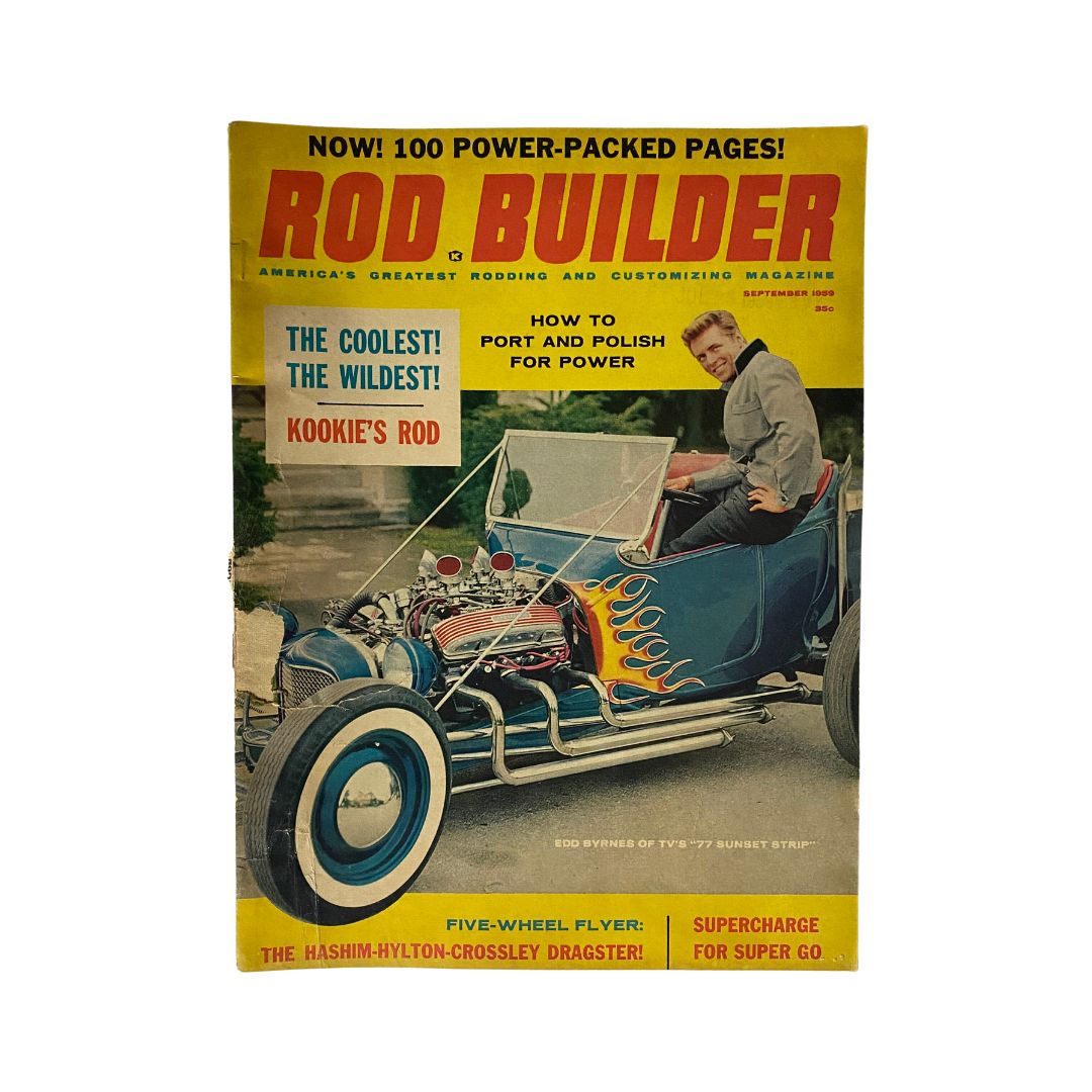 Cover of VTG Rod Builder Magazine September 1959 featuring Edd Byrnes of 77 Sunset Strip, showcasing a classic hot rod with vibrant flames and a nostalgic theme.