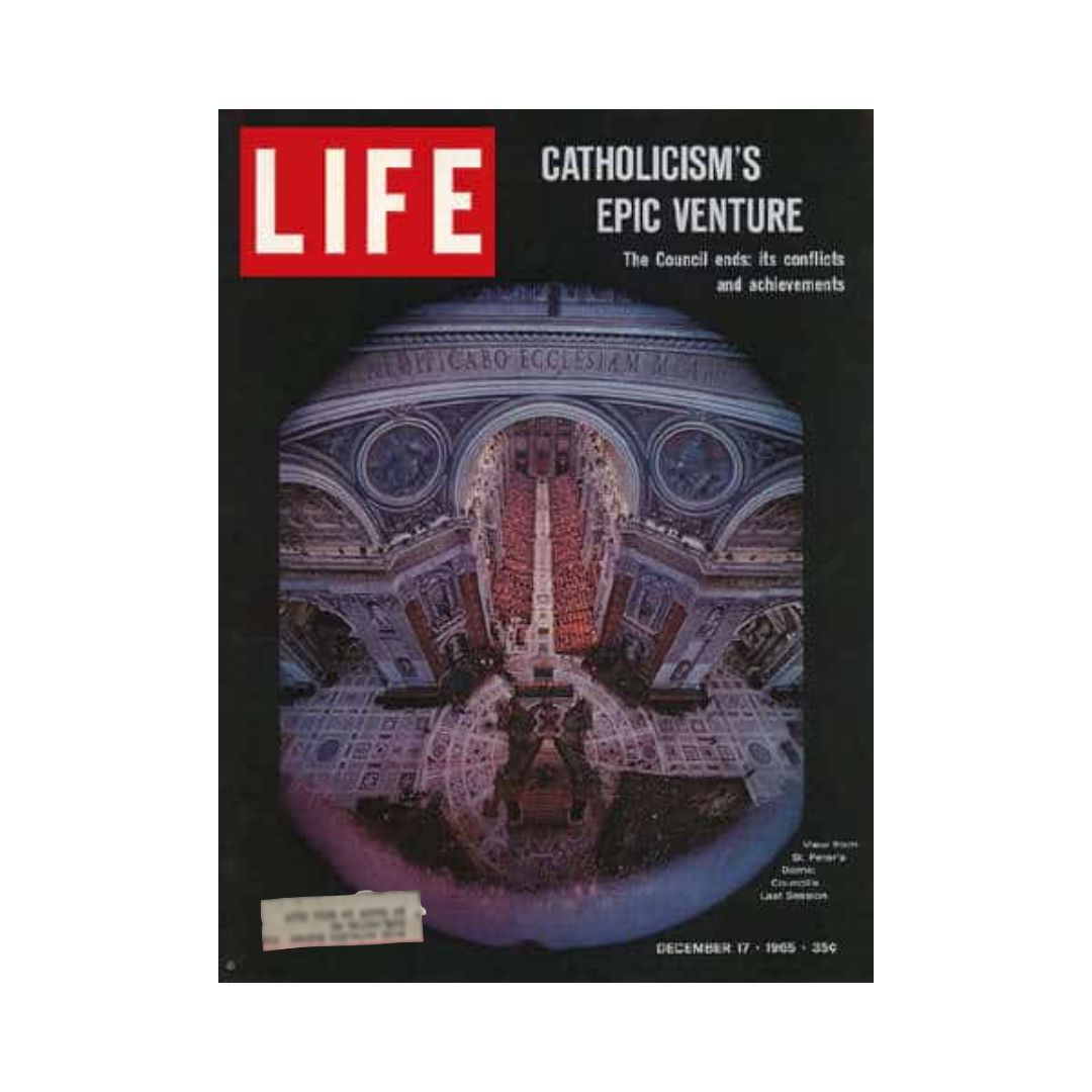 Life Magazine cover from December 17, 1965 featuring St. Peter’s Dome in Vatican City. The image portrays a bird's-eye view of the interior of St. Peter's Basilica, capturing the architectural beauty of this historic landmark, along with the magazine's bold red title and intriguing headlines.