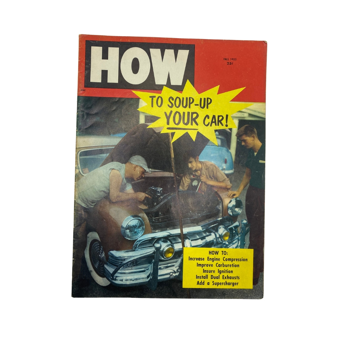 Cover of the VTG How To Soup-Up Your Car magazine from Fall 1955 featuring automotive enthusiasts working on a car, showcasing tips on increasing engine compression and performance.