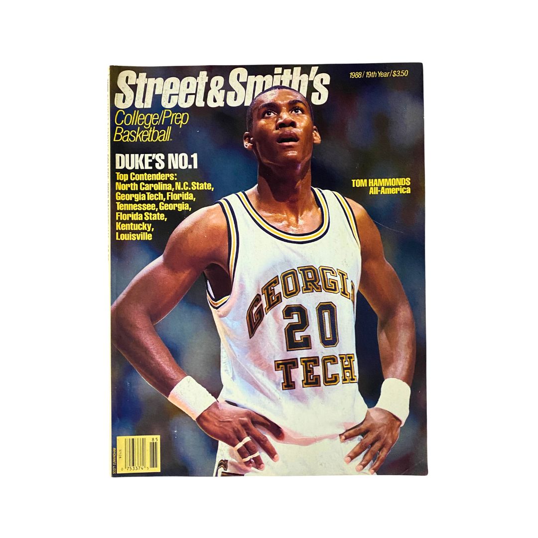 Street & Smith's College/Prep Basketball 1989 magazine cover featuring Tom Hammonds, showcasing a basketball player in a Georgia Tech uniform with the headline 'DUKE'S NO.1' and college basketball insights from the late 1980s.
