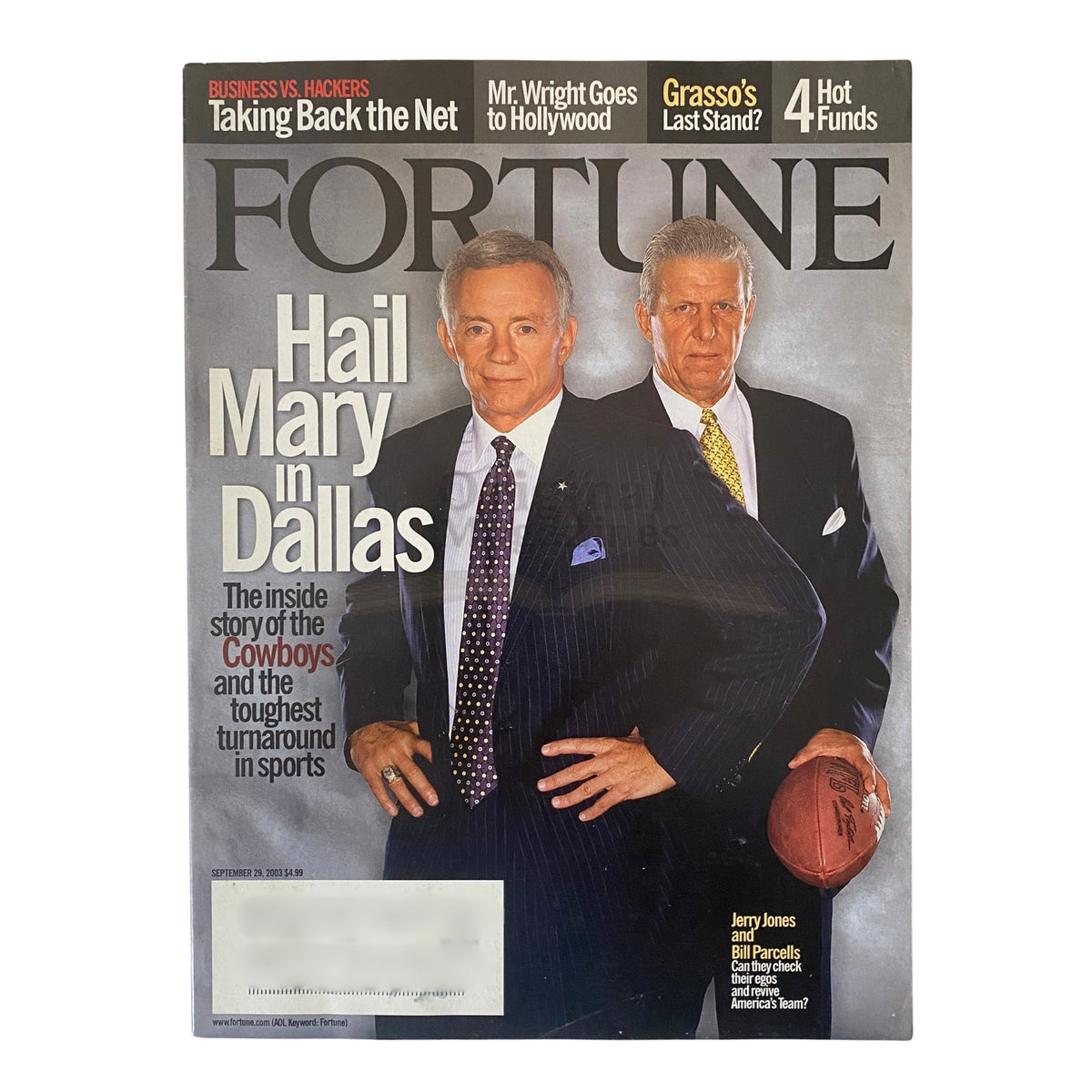 Fortune Magazine cover featuring Jerry Jones and Bill Parcells, September 29, 2003, with the headline 'Hail Mary in Dallas' highlighting the story of the Dallas Cowboys.